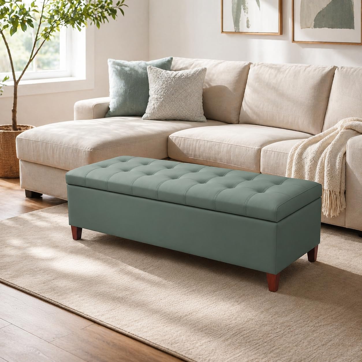Light Green Faux Leather Storage Ottoman Bench
