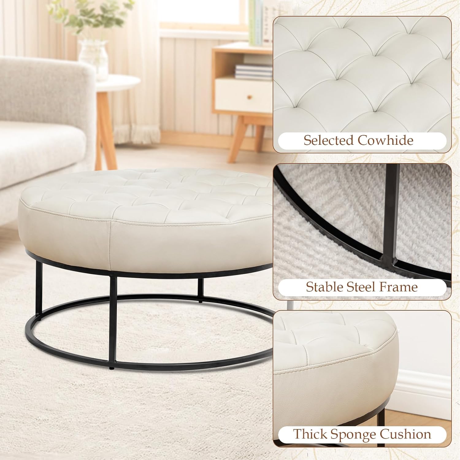 Beige Leather Round Storage Ottoman