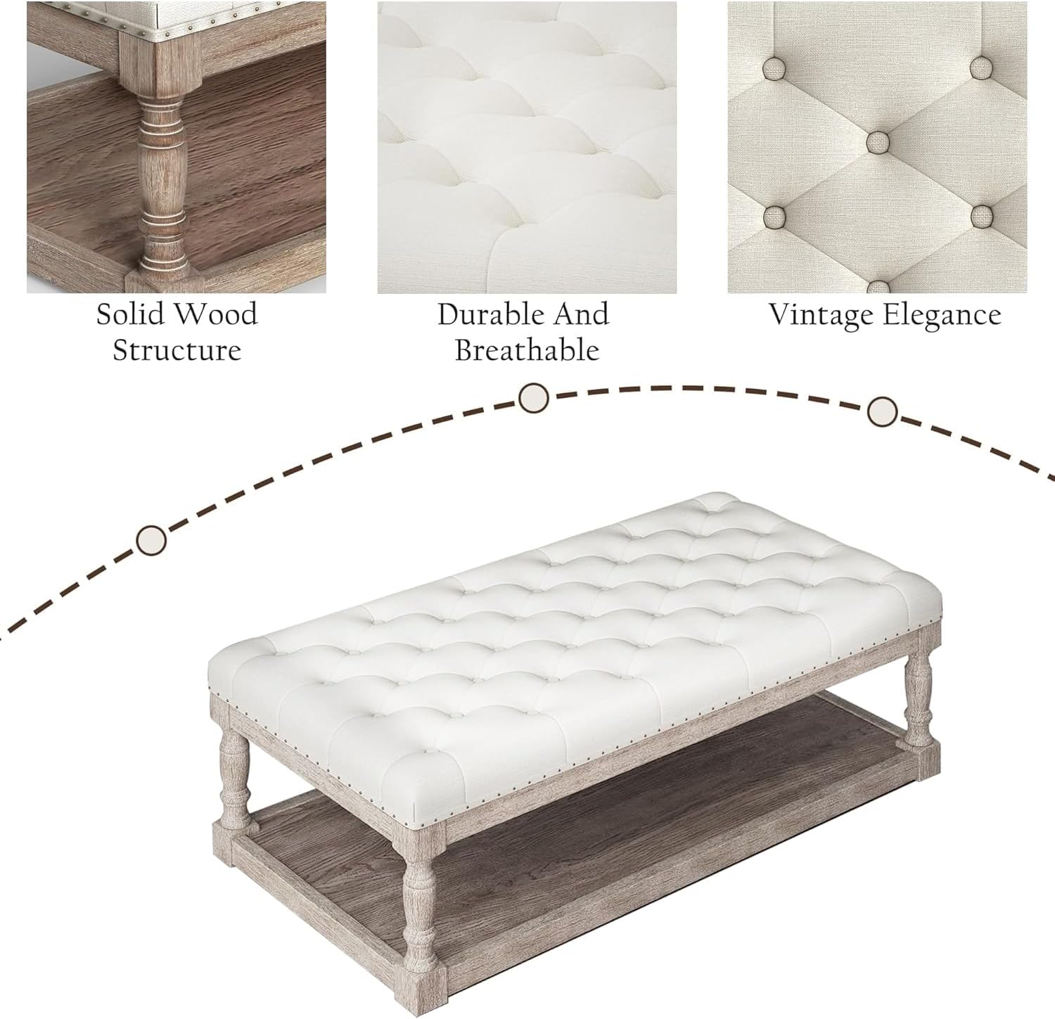 Beige Linen Rectangular Storage Ottoman