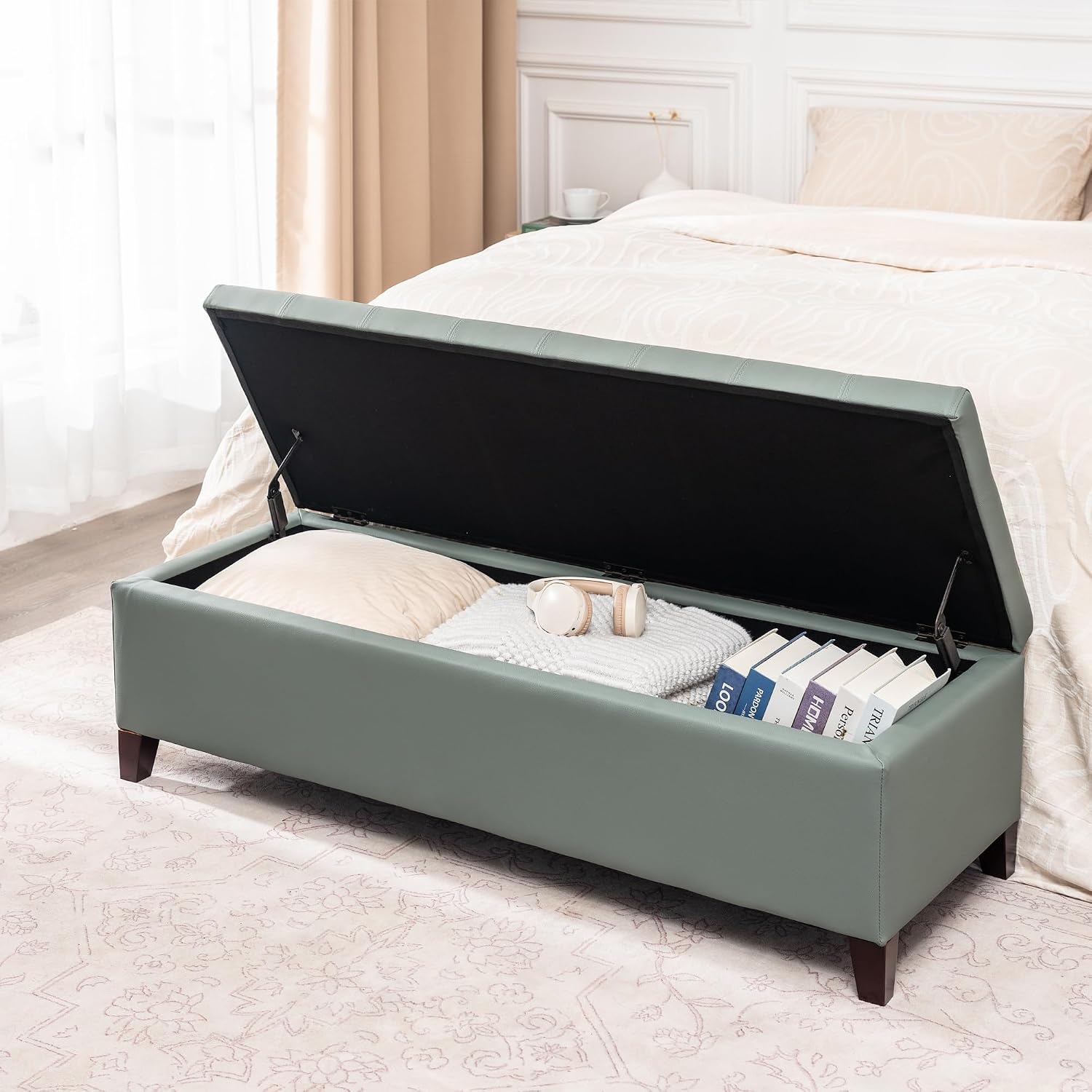 Light Green Faux Leather Storage Ottoman Bench