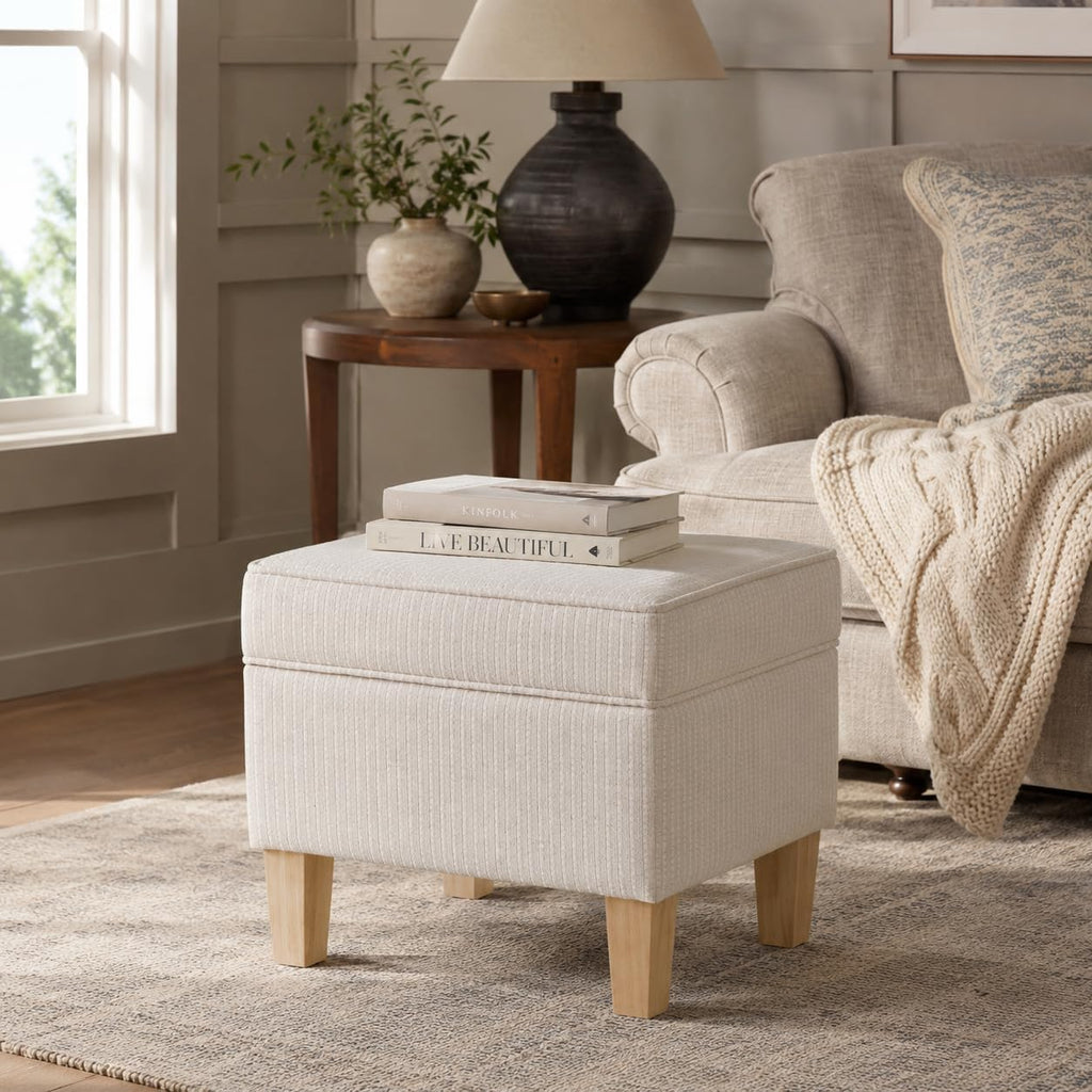 White Woven Stripe Rectangular Storage Ottoman