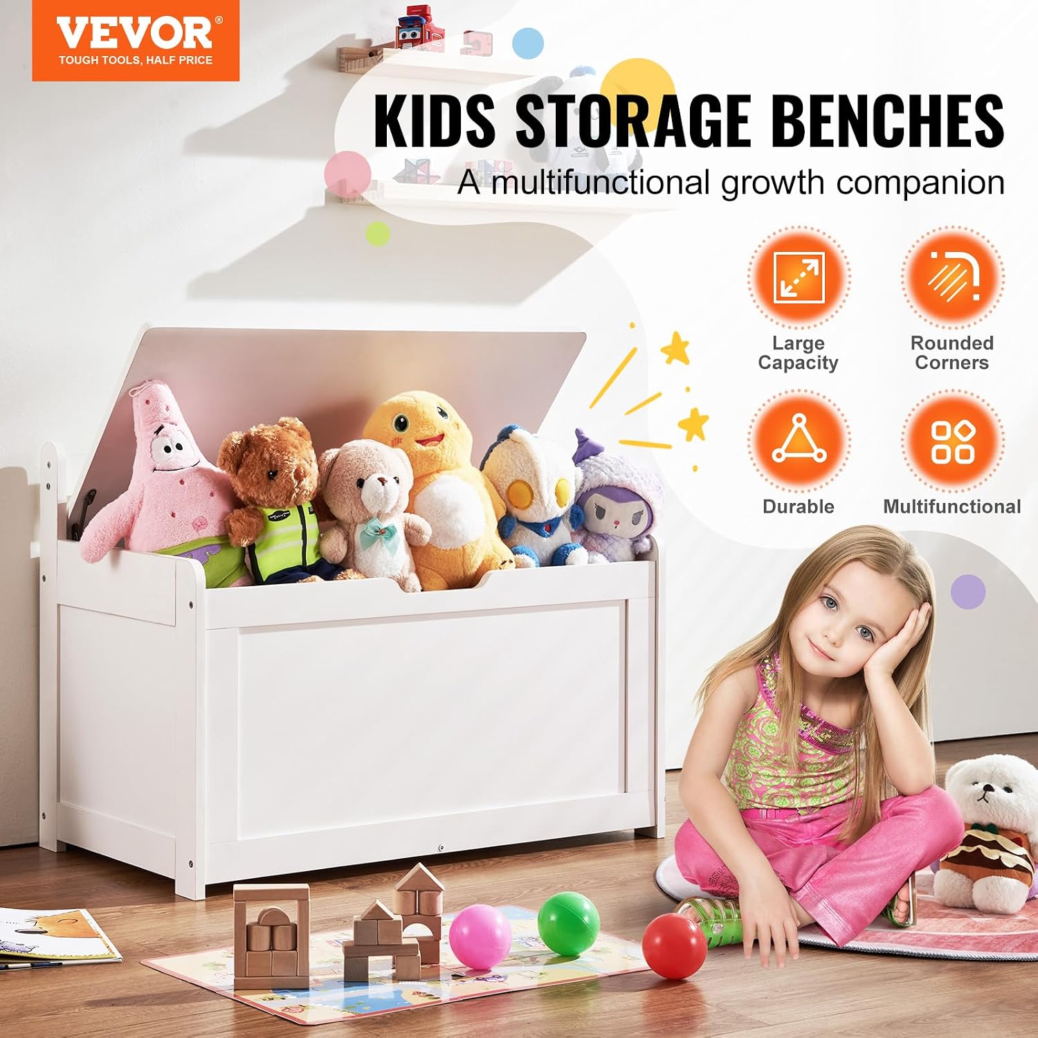 White Kids Safety Hinge Wooden Toy Storage Chest Bench