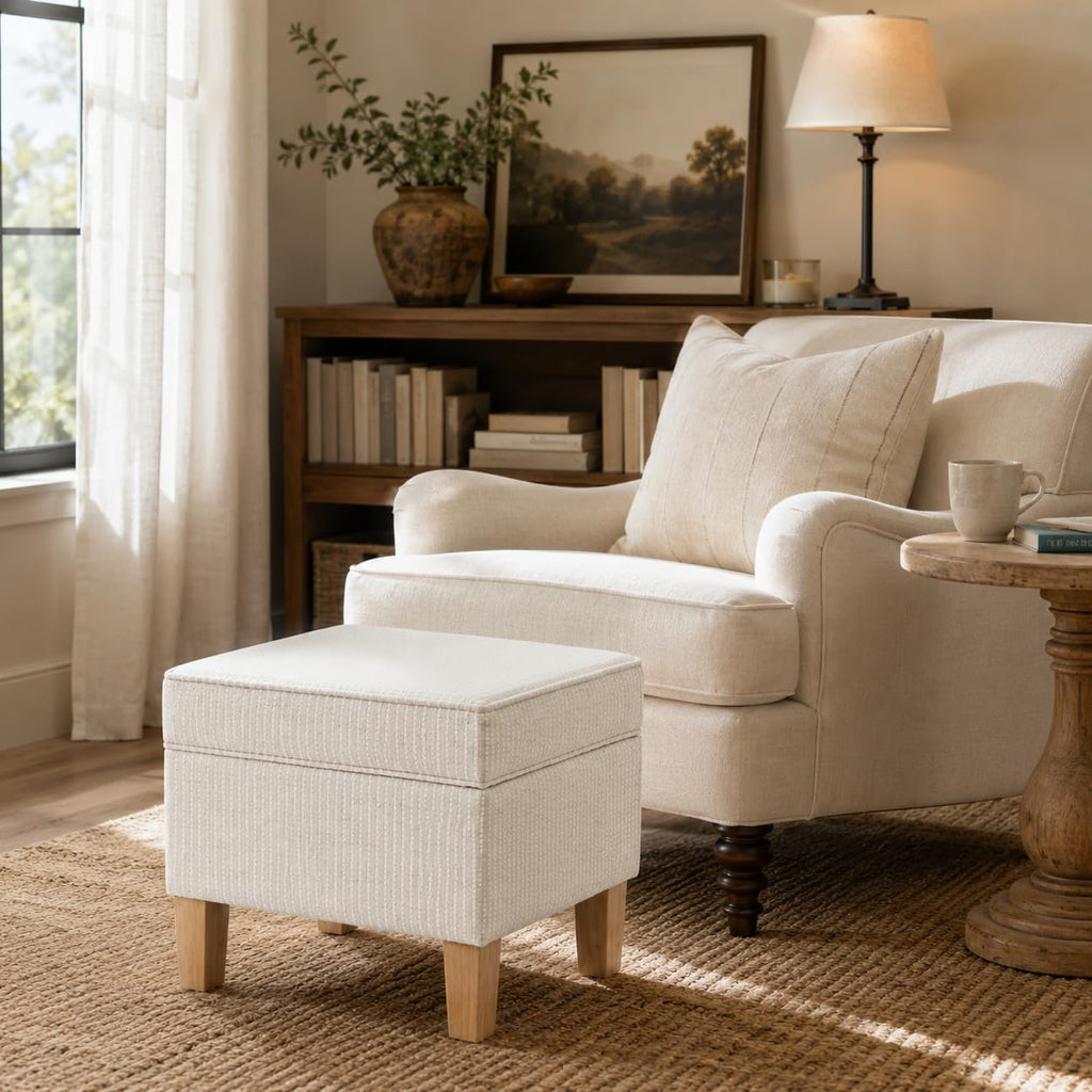 White Woven Stripe Rectangular Storage Ottoman
