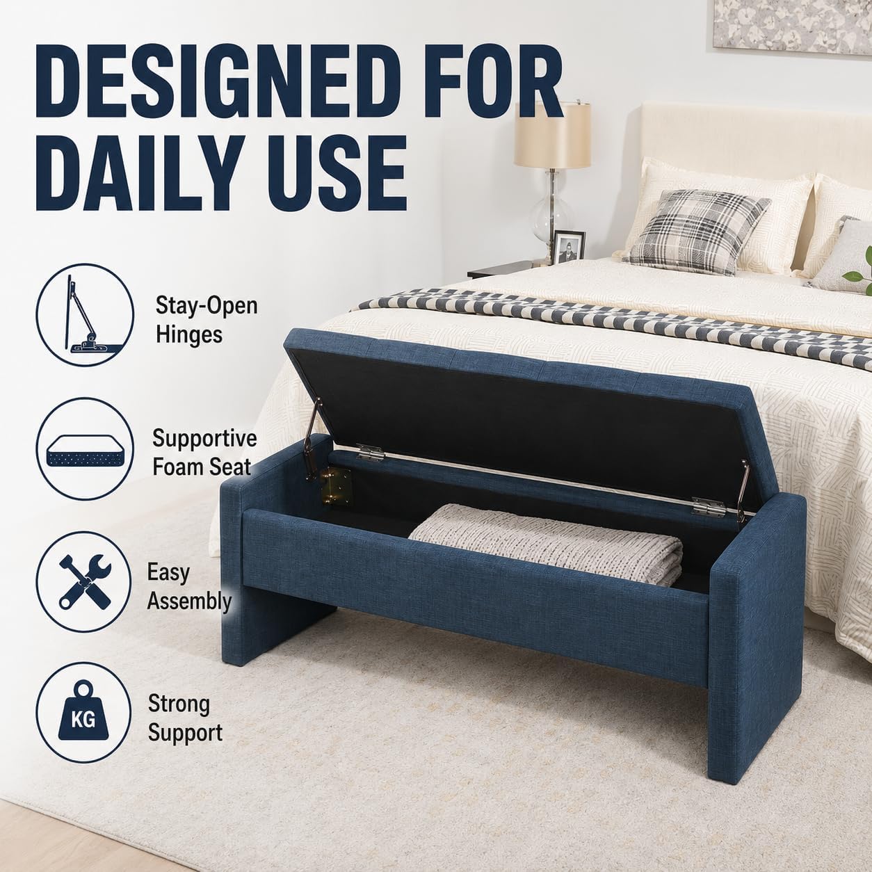 Blue Linen Storage Ottoman Bench