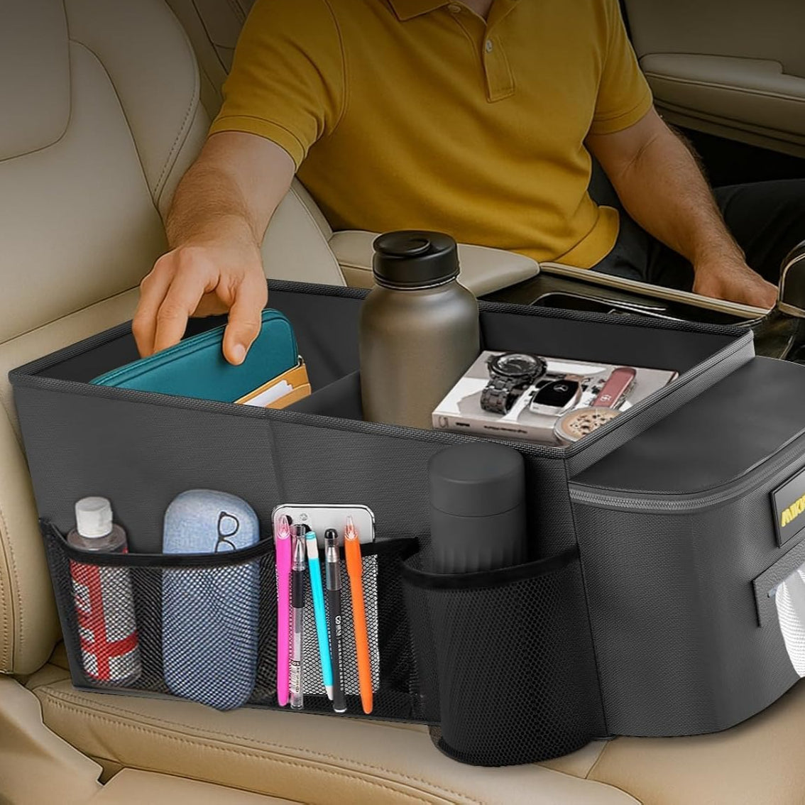 Tissue Box Mesh Pocket Car Seat Organizer with Cup Holder