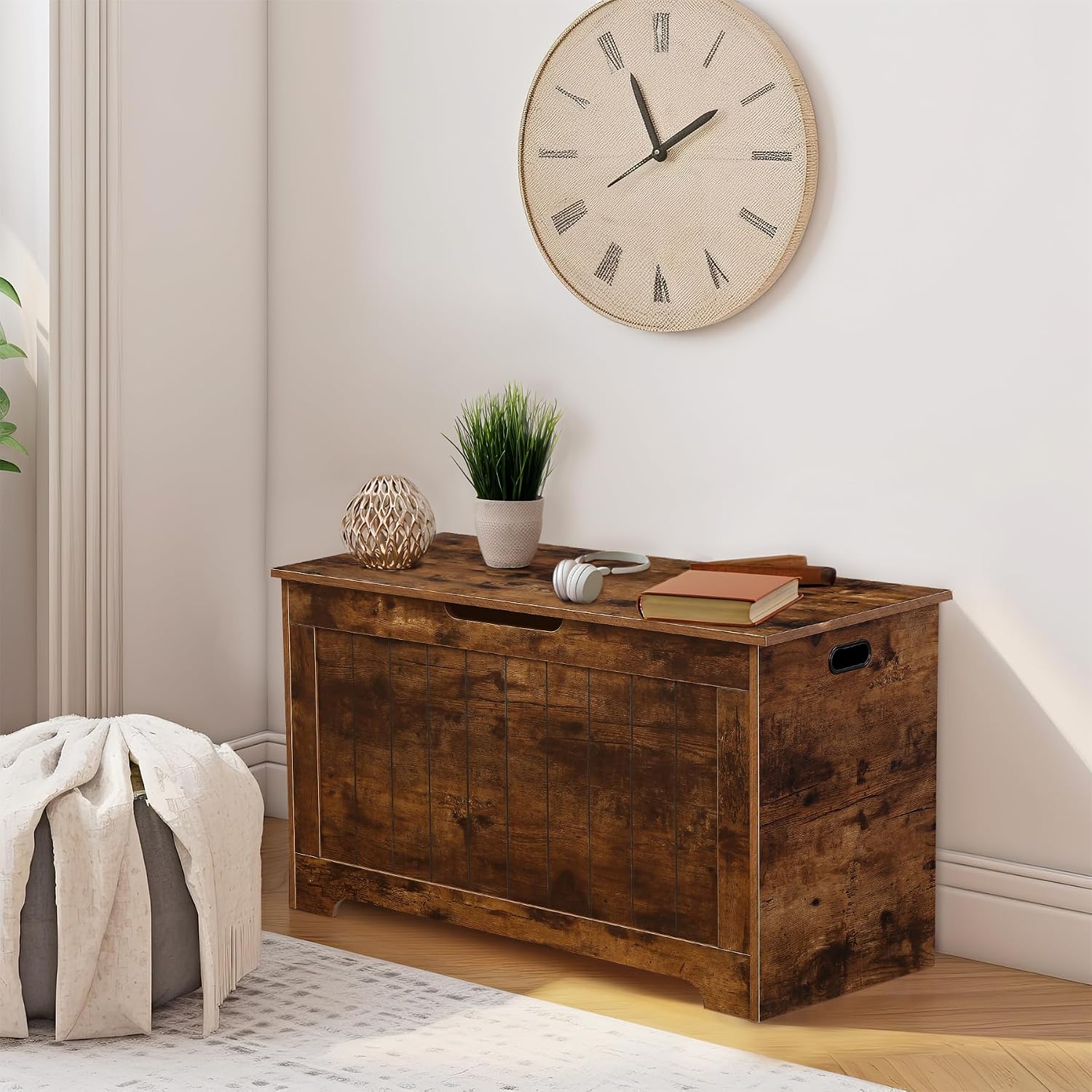 Rustic Brown Wooden Safety Hinge Storage Chest