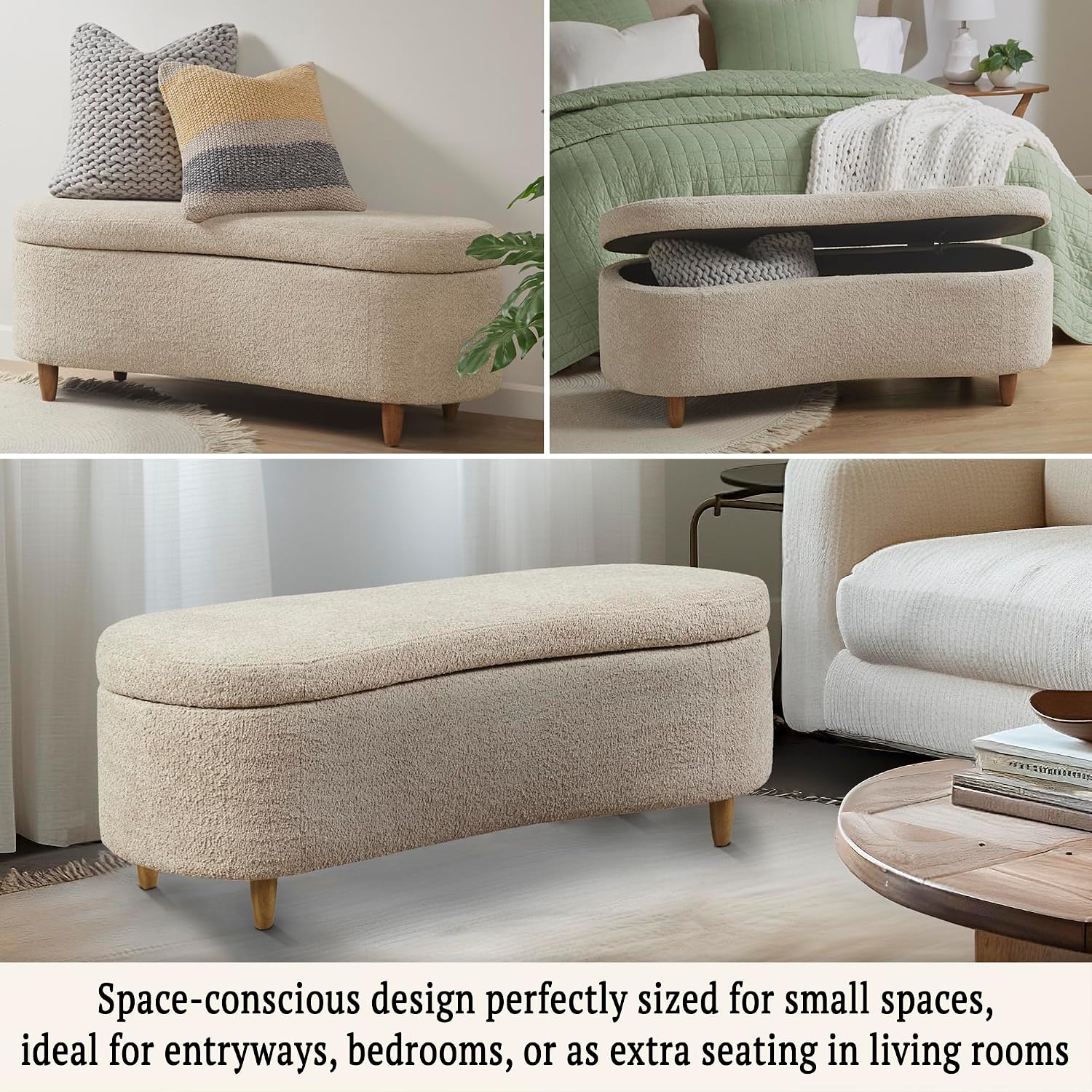 Boucle Curved Storage Accent Bench