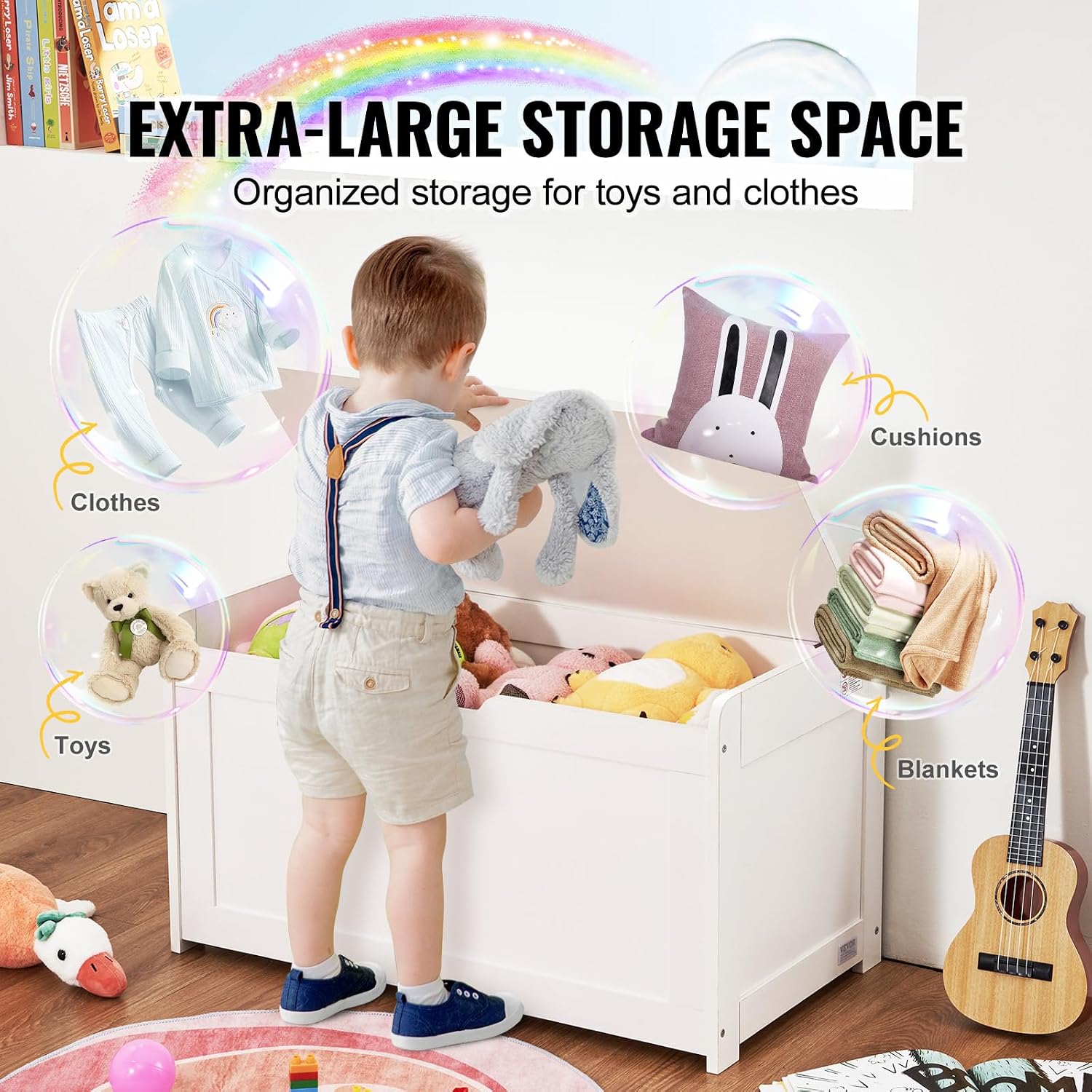 White Kids Safety Hinge Wooden Toy Storage Chest Bench