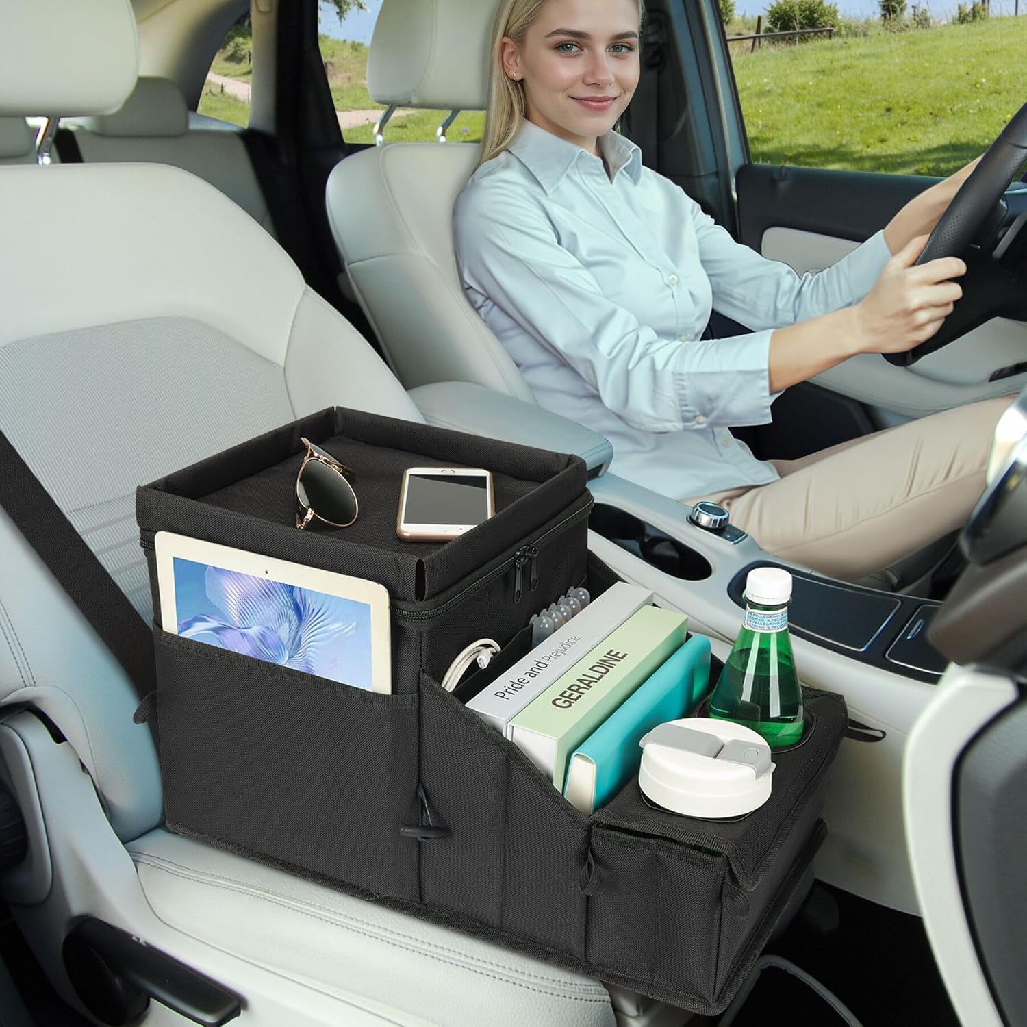 Black Cooler Compartment Car Seat Organizer with Cup Holders