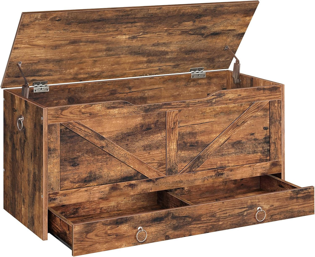Rustic Brown Drawer Safety Hinge Storage Chest Bench