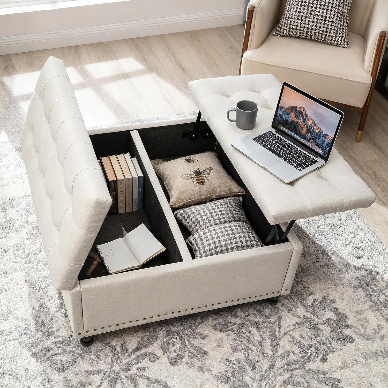 Beige Lift Top Square Storage Ottoman