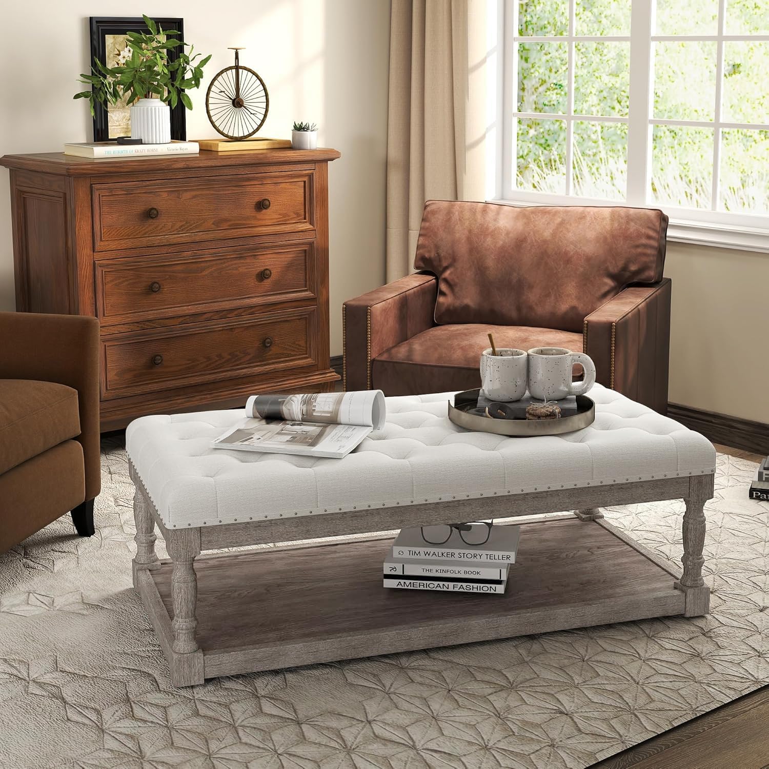Beige Linen Rectangular Storage Ottoman
