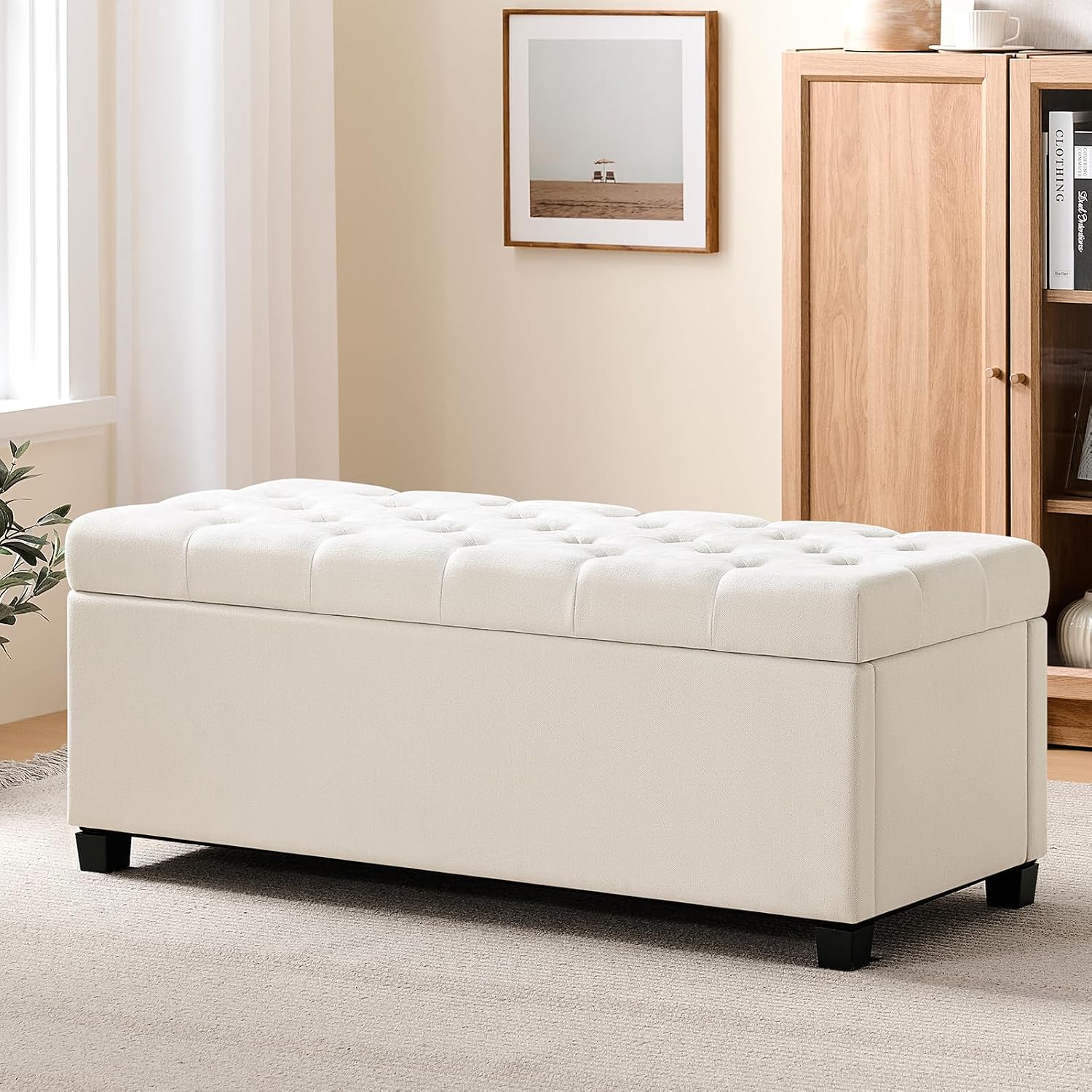 Ivory Tufted Safety Hinge Storage Ottoman Bench