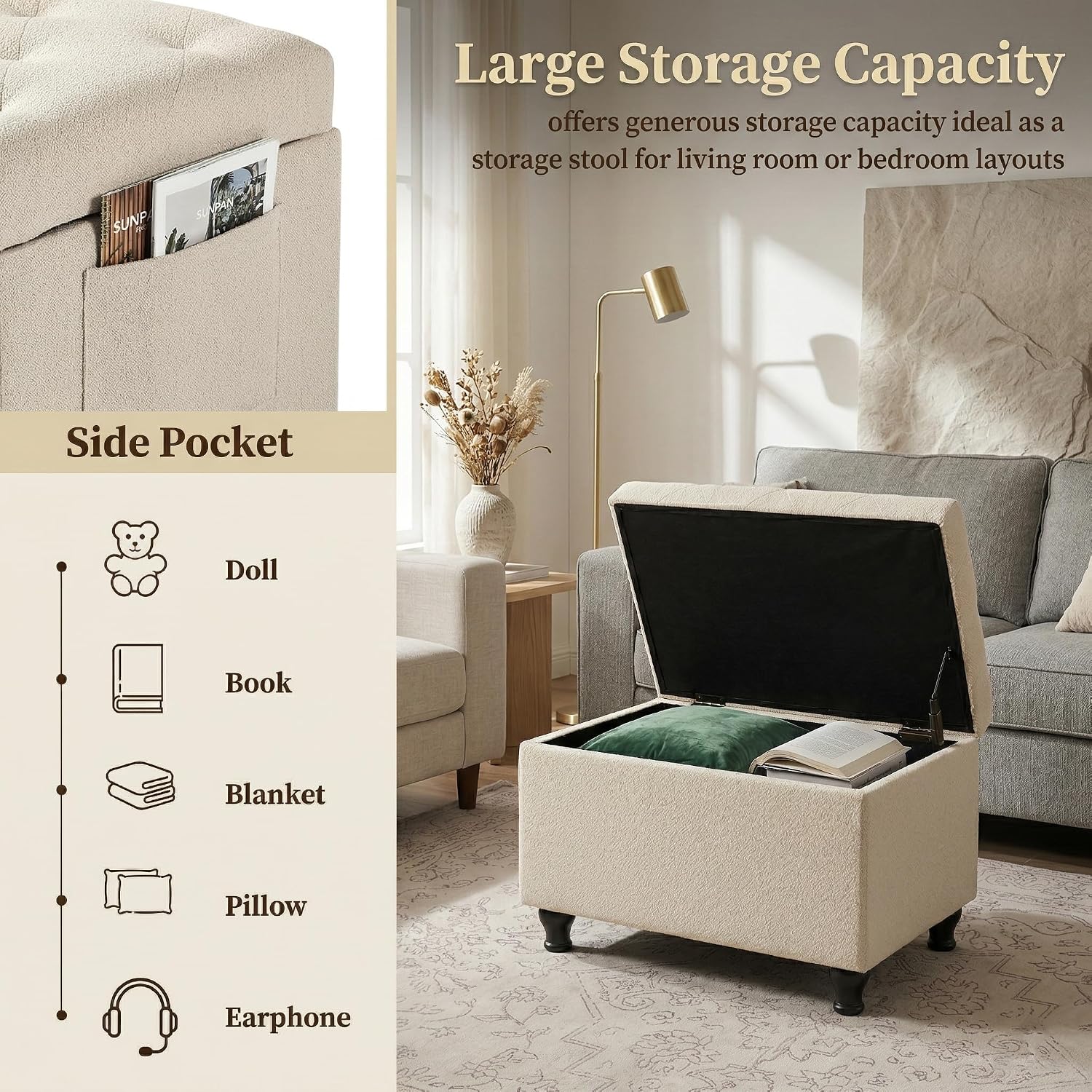Beige Fabric Safety Hinge Storage Ottoman Bench