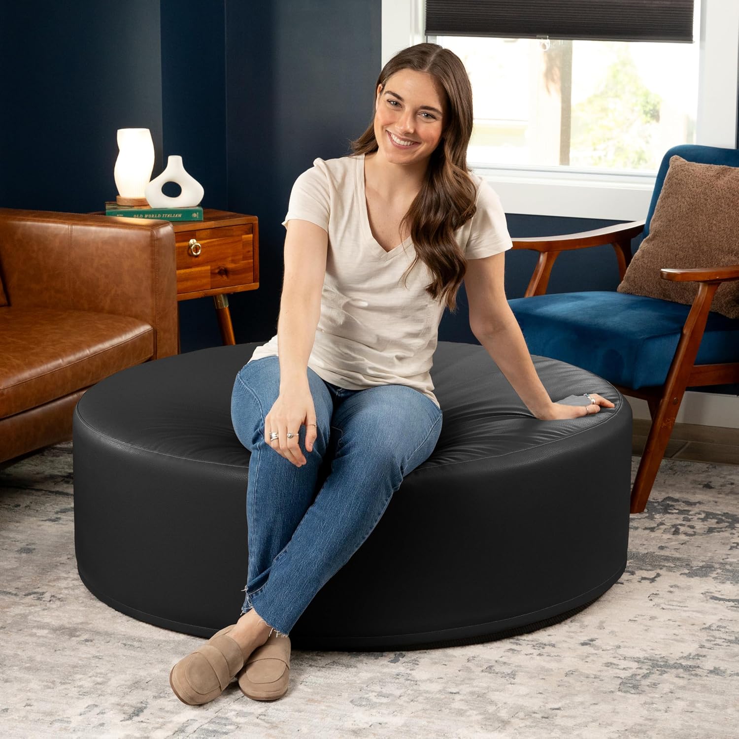Black Round Candler Leather Storage Ottoman