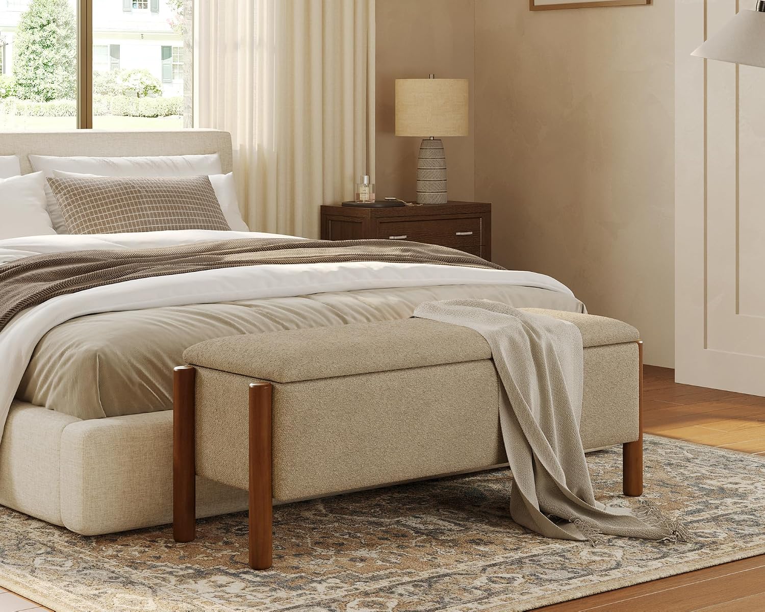 Beige Boucle Heavy Duty Storage Ottoman Bench