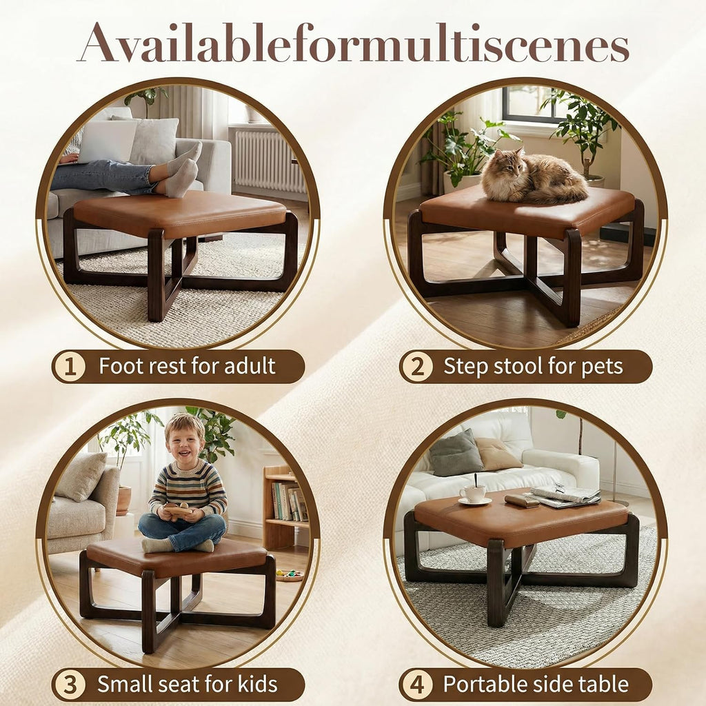 Brown Wood Leather Square Storage Ottoman