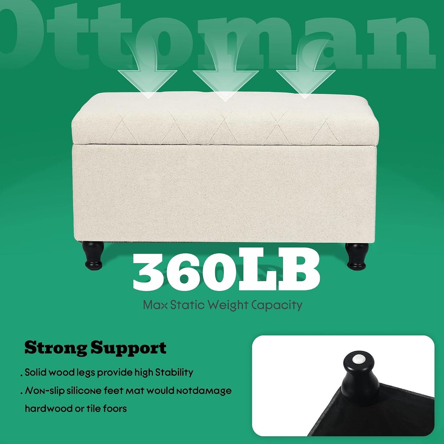 Beige Fabric Storage Ottoman Bench