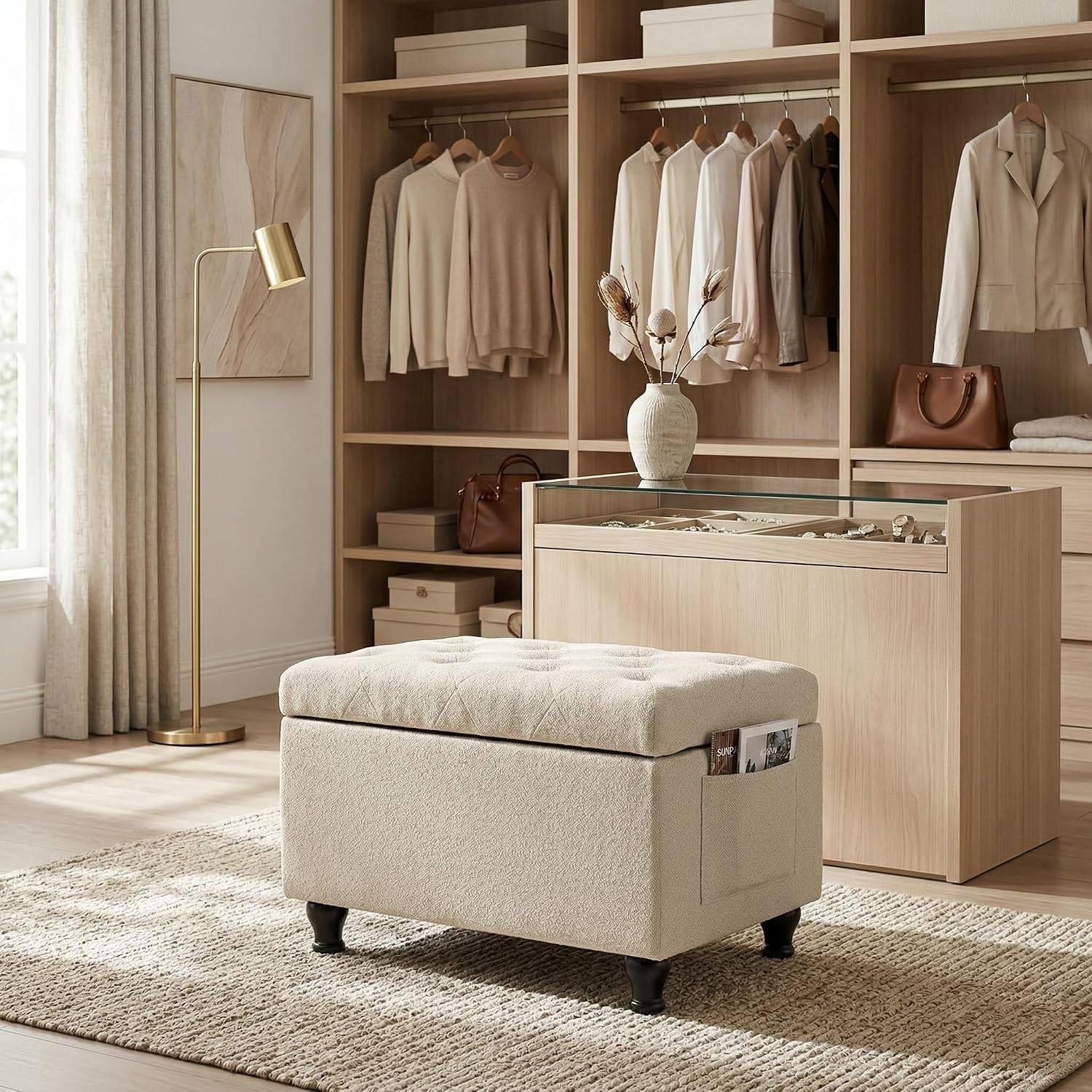 Beige Fabric Safety Hinge Storage Ottoman Bench