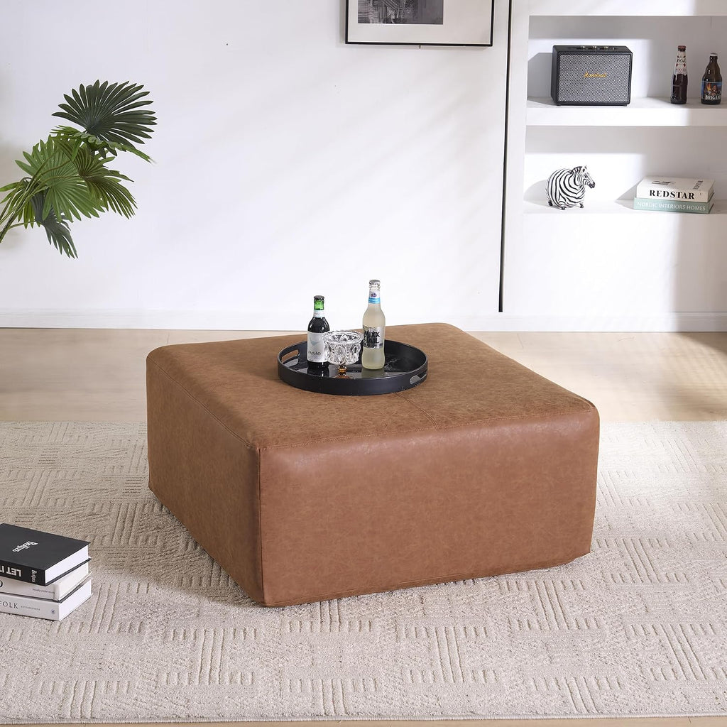 Brown Square Faux Leather Storage Ottoman