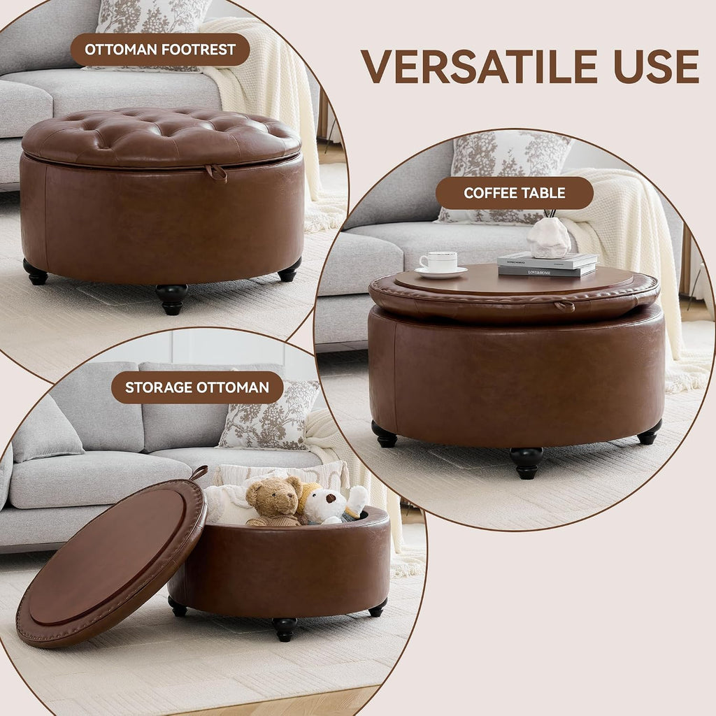Round Tufted Leather Tray Ottoman