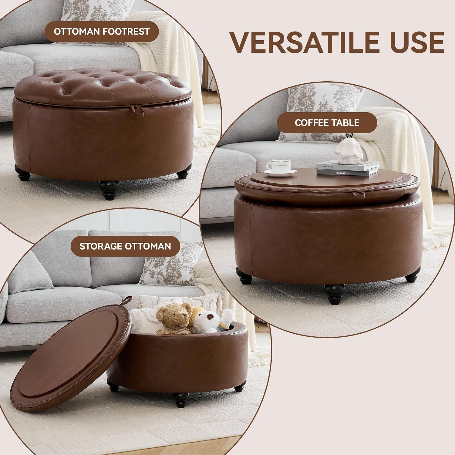 Round Tufted Leather Tray Ottoman