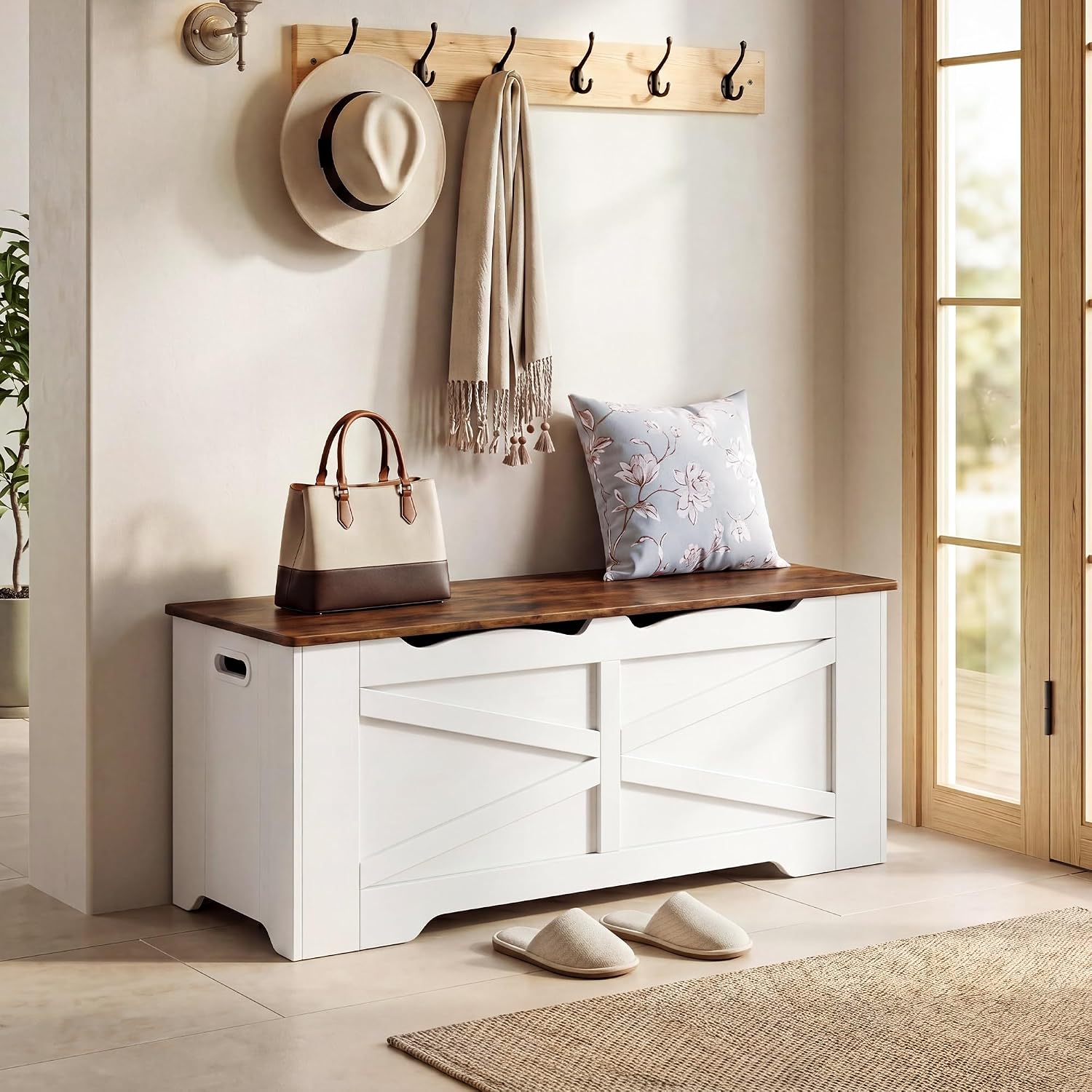 White Walnut Heavy Duty Safety Hinge Storage Bench