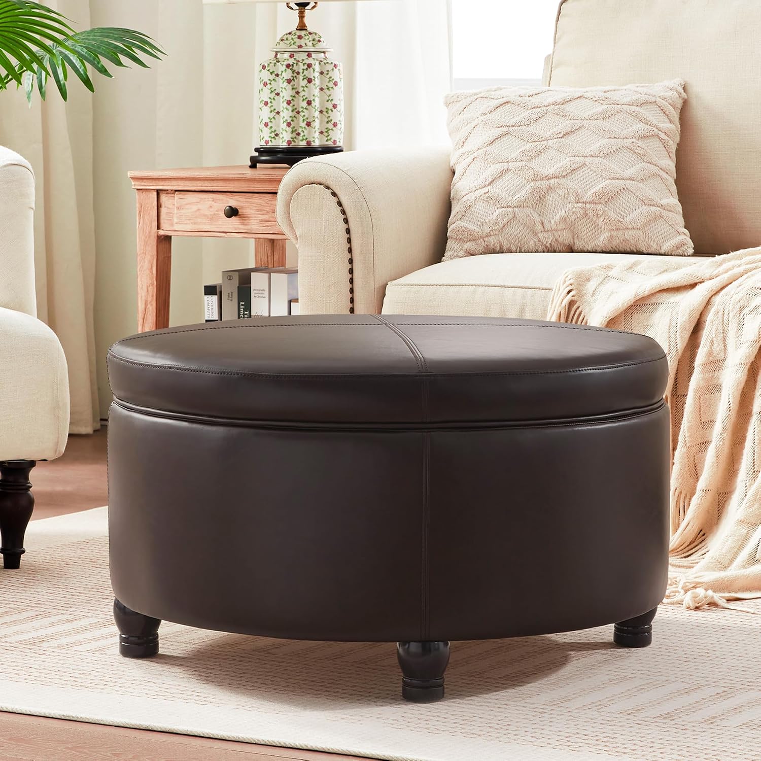 Brown Round Removable Top Ottoman