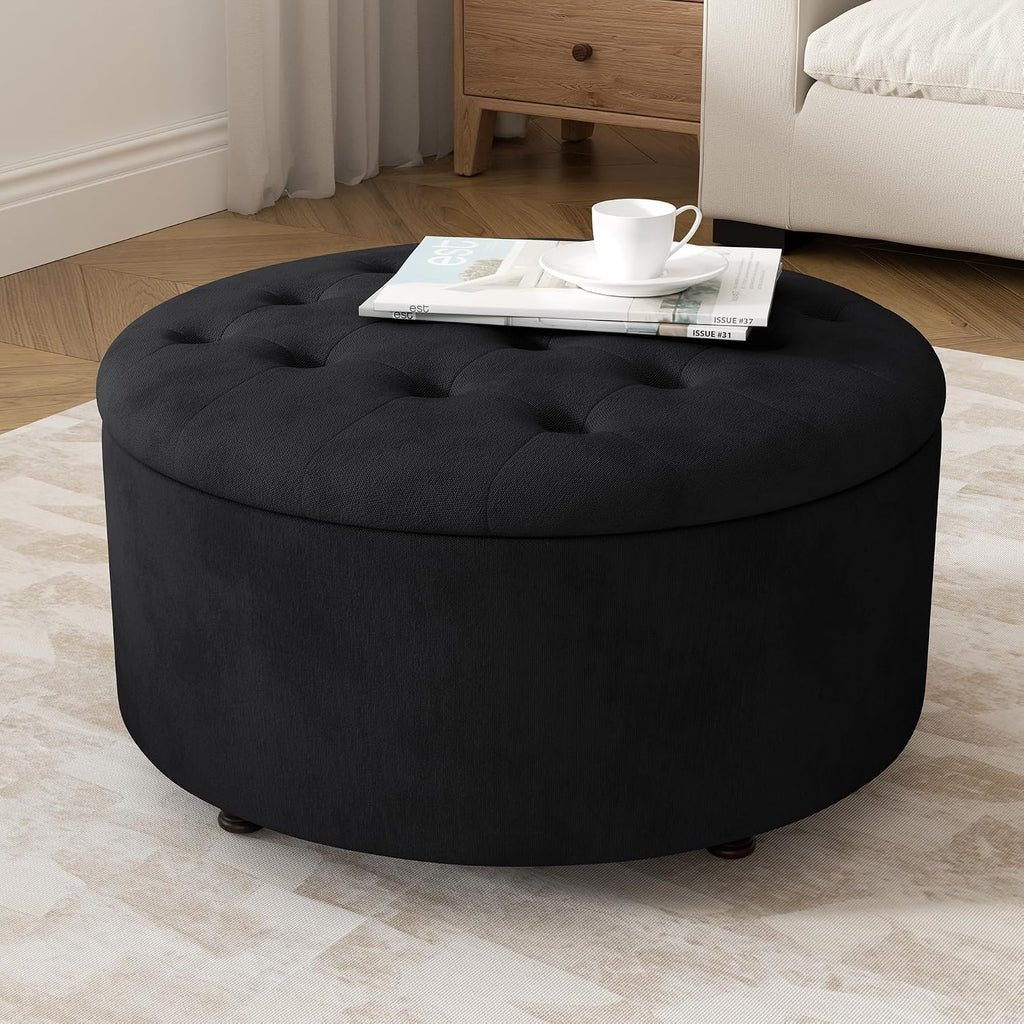 Black Round Tufted Storage Ottoman