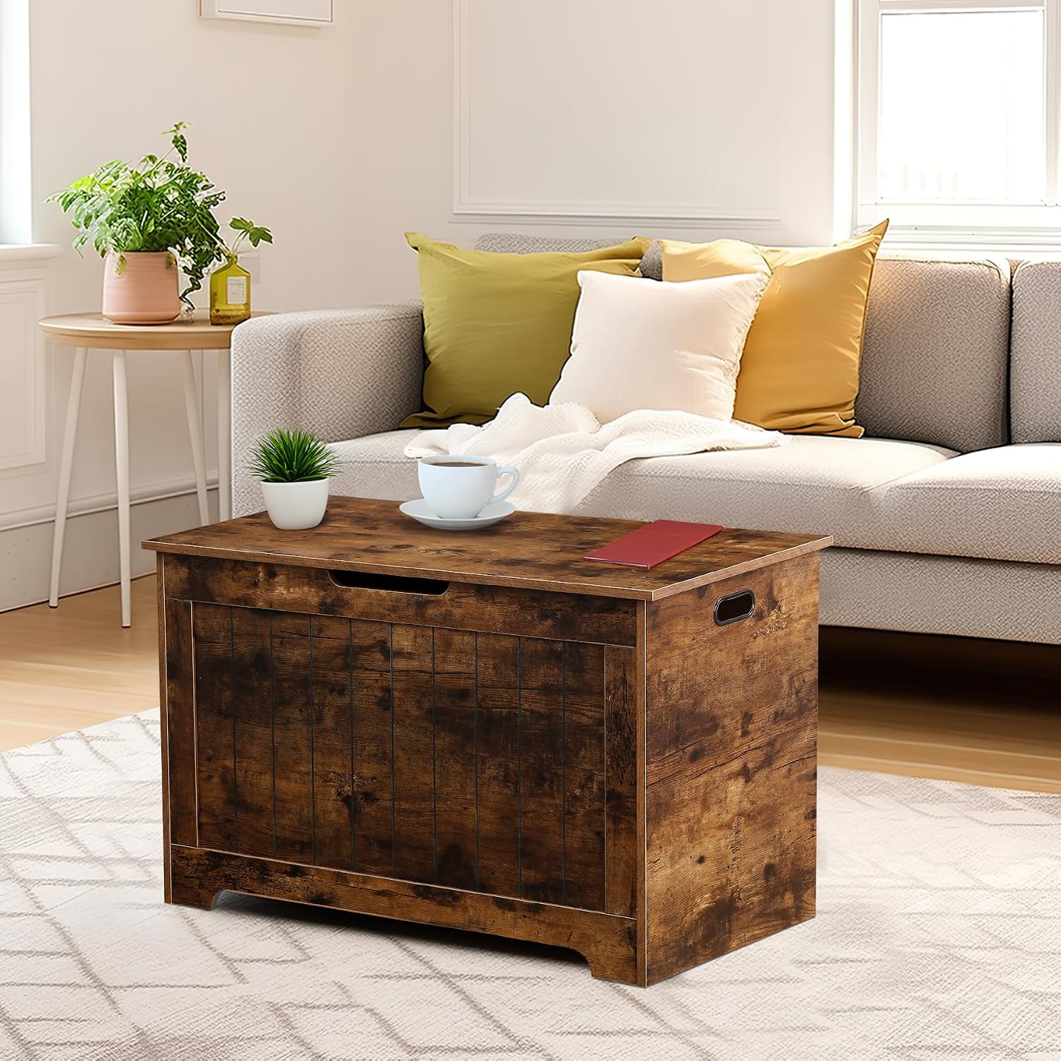 Rustic Brown Wooden Safety Hinge Storage Chest