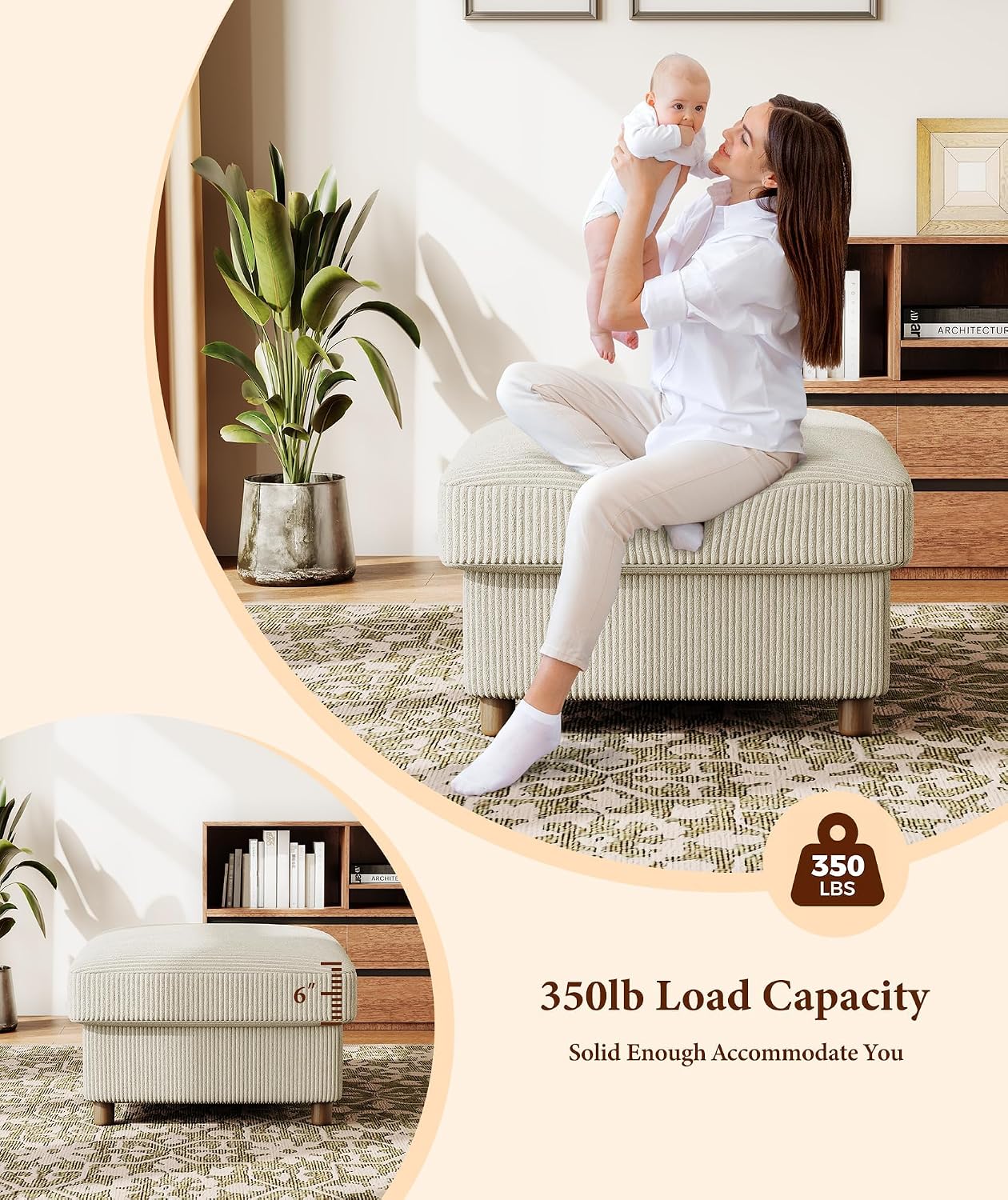 Beige Corduroy Square Storage Ottoman