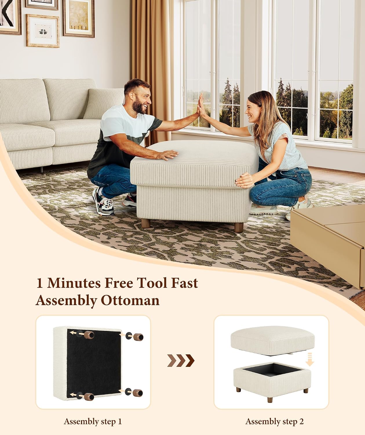 Beige Corduroy Square Storage Ottoman