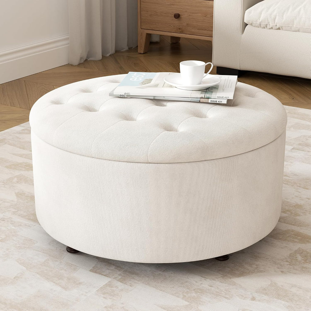 White Tufted Round Storage Ottoman