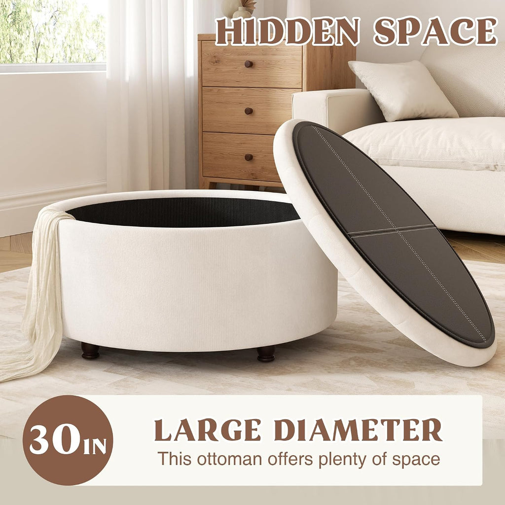 White Tufted Round Storage Ottoman