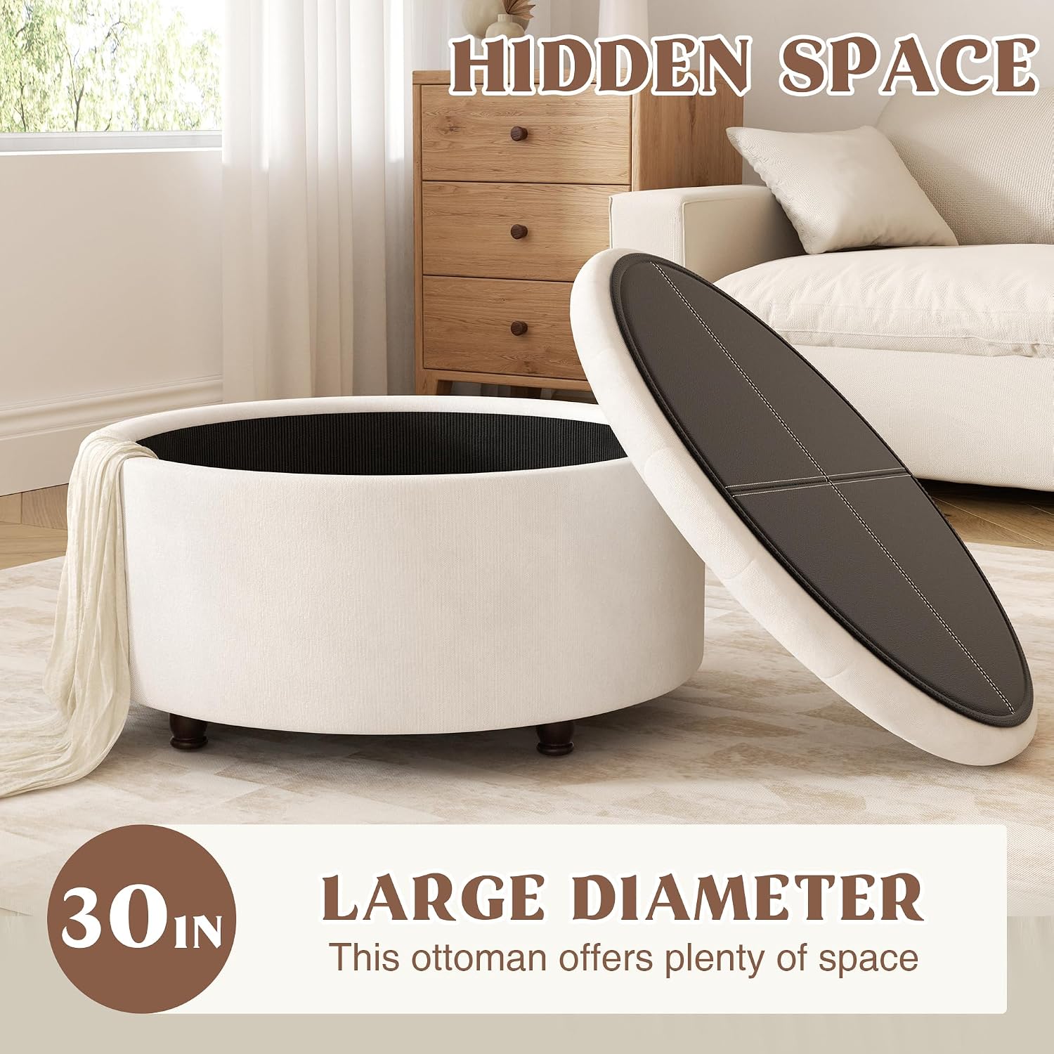 White Tufted Round Storage Ottoman