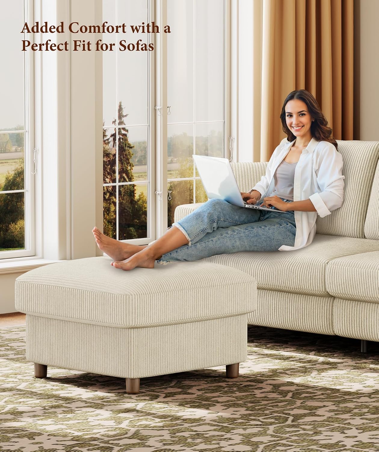 Beige Corduroy Square Storage Ottoman