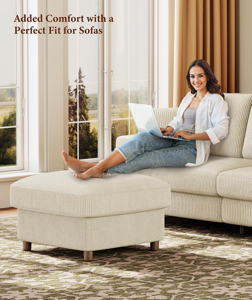 Beige Corduroy Square Storage Ottoman