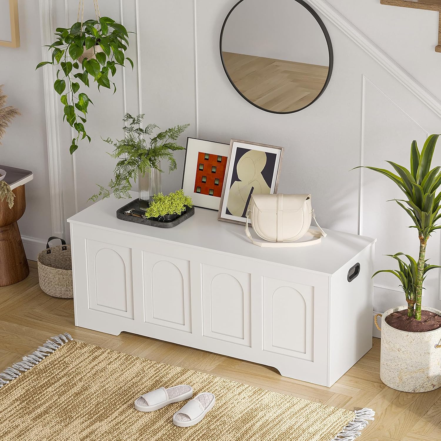 White Rattan-Like Safety Hinge Storage Chest Bench