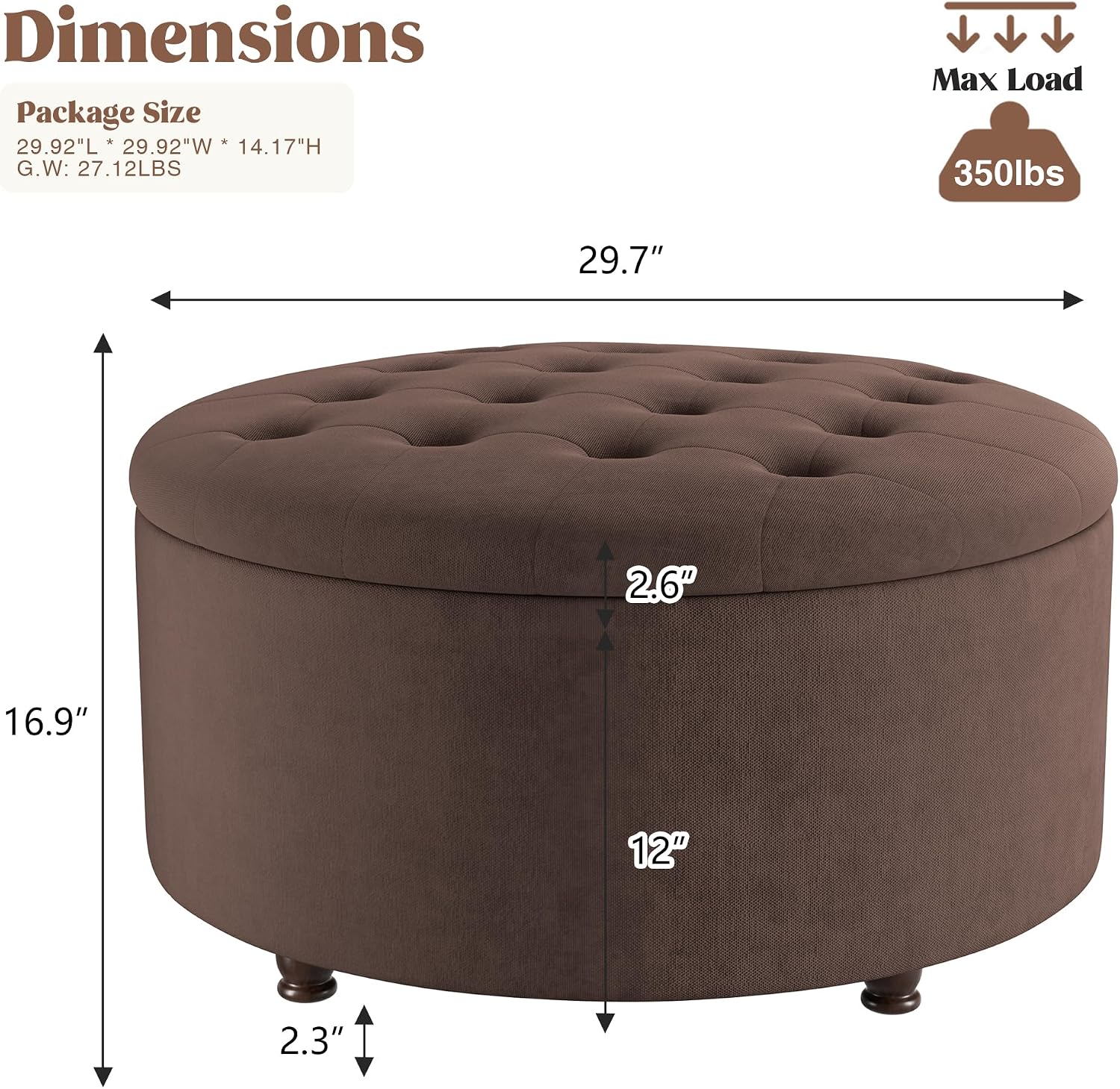 Dark Brown Tufted Round Storage Ottoman