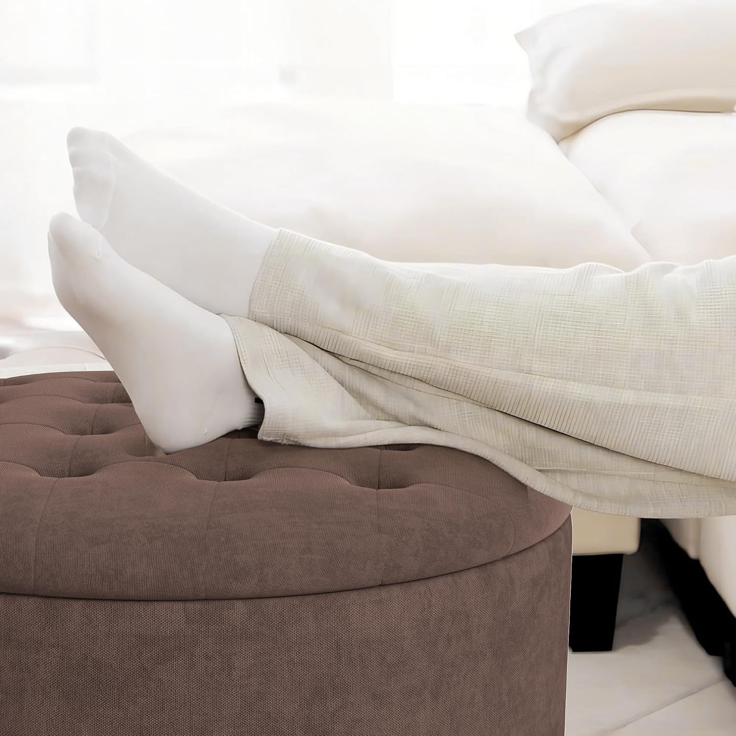 Dark Brown Tufted Round Storage Ottoman
