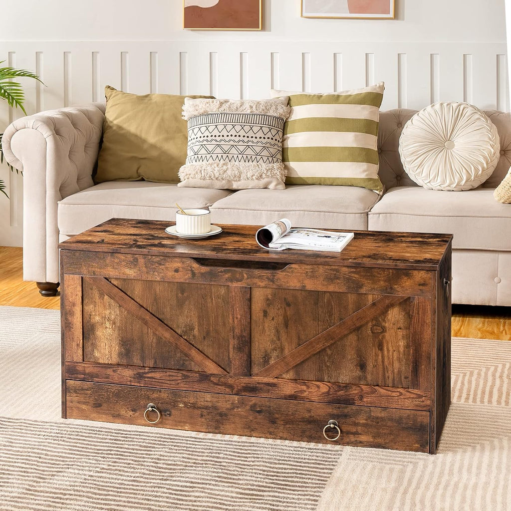 Rustic Brown Drawer Safety Hinge Storage Chest Bench
