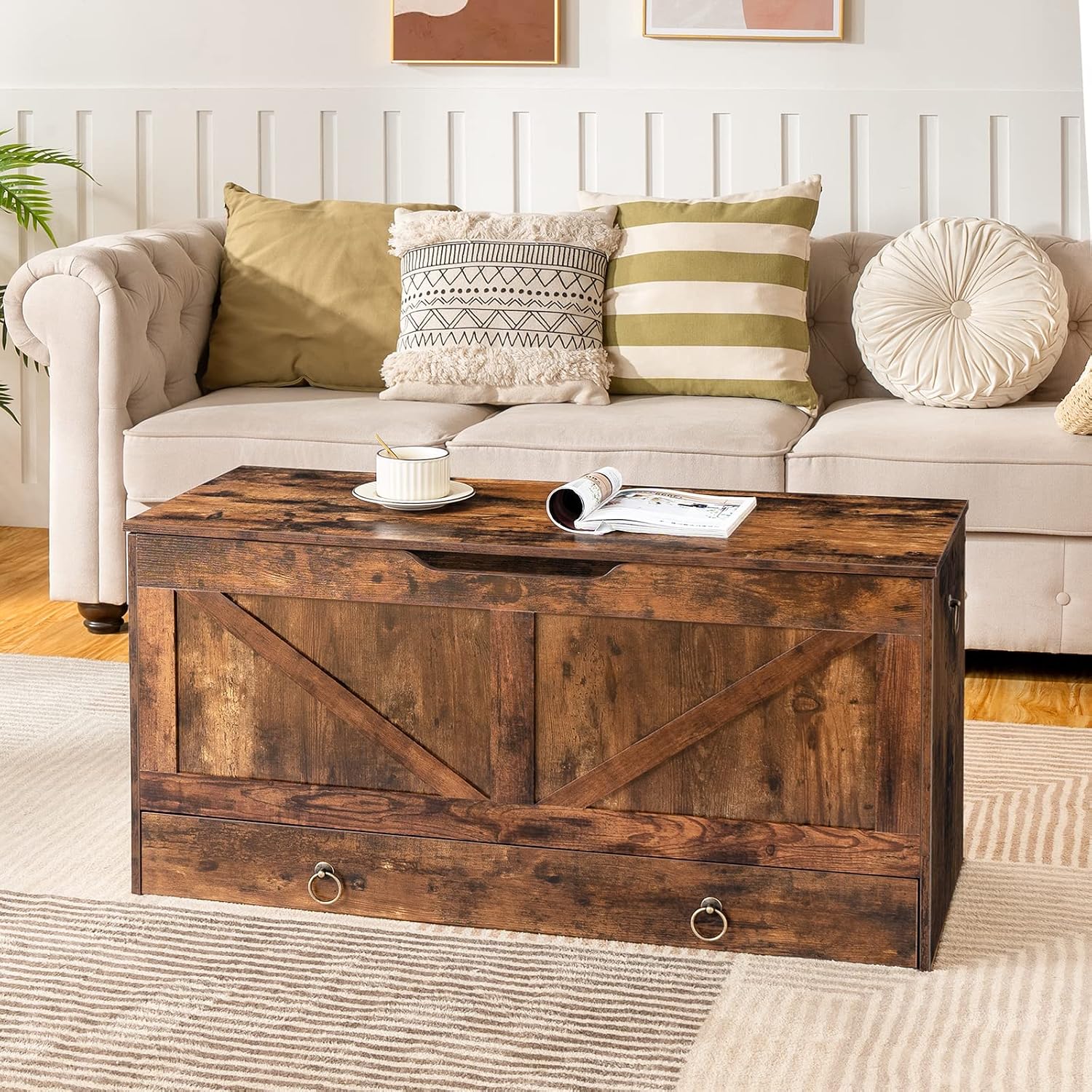 Rustic Brown Drawer Safety Hinge Storage Chest Bench