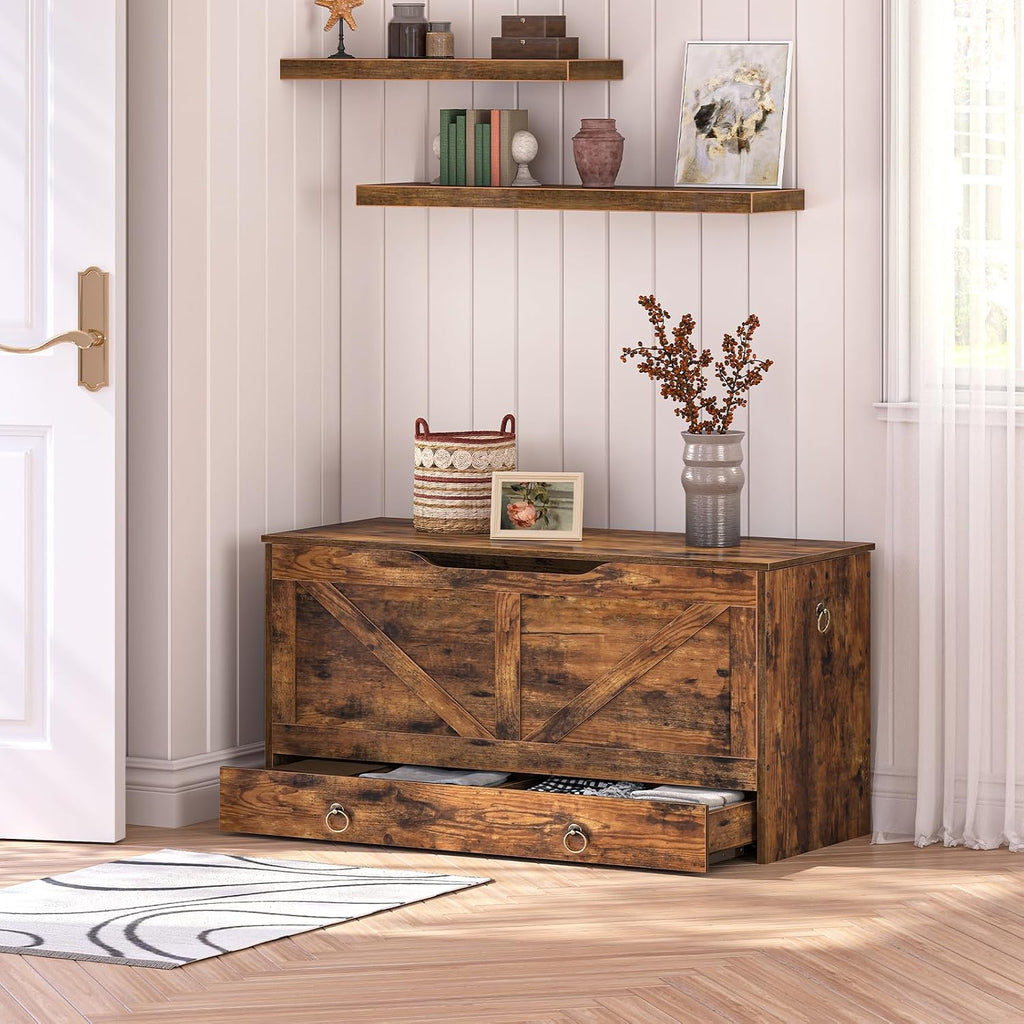 Rustic Brown Drawer Safety Hinge Storage Chest Bench