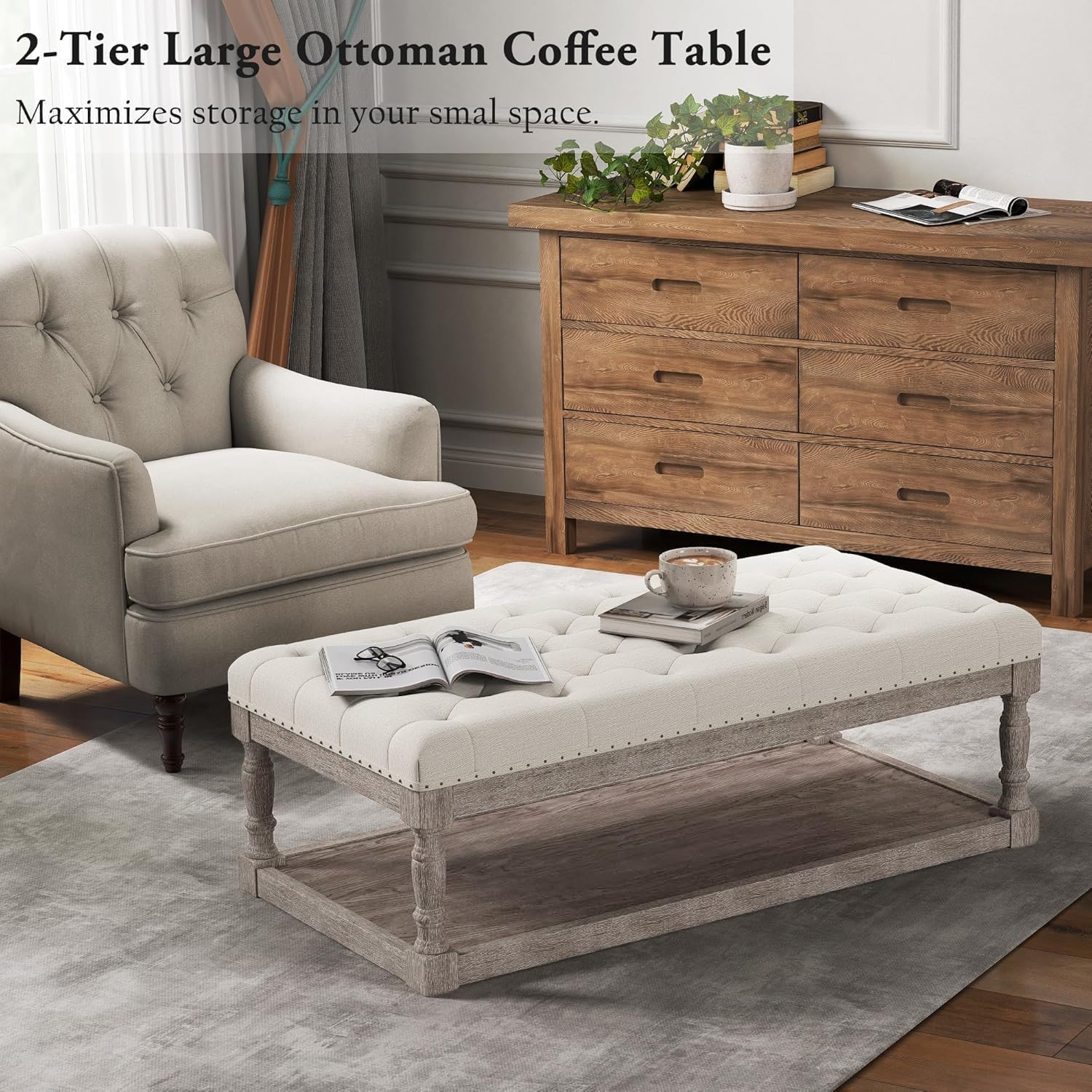 Beige Linen Rectangular Storage Ottoman