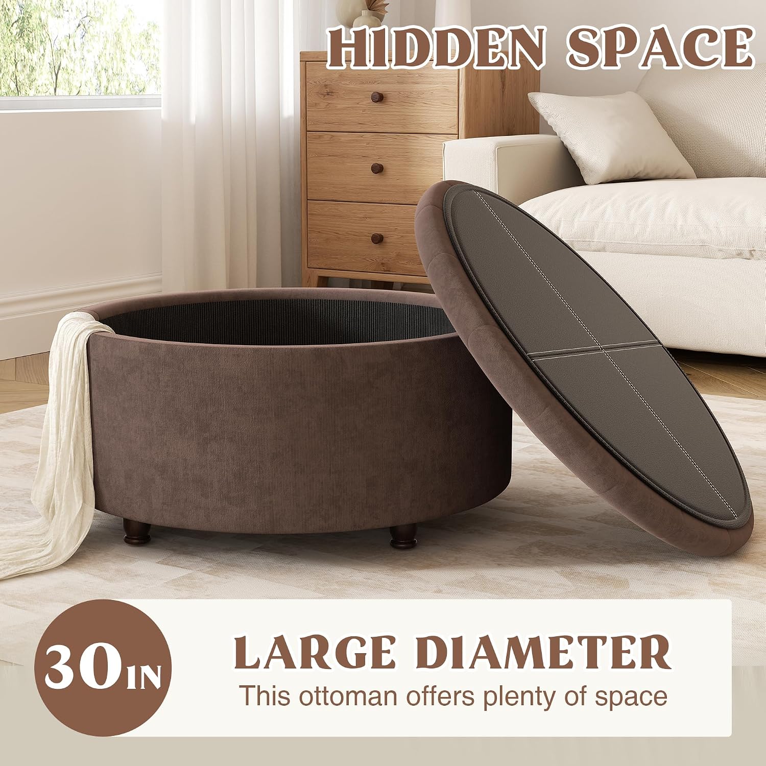 Dark Brown Tufted Round Storage Ottoman