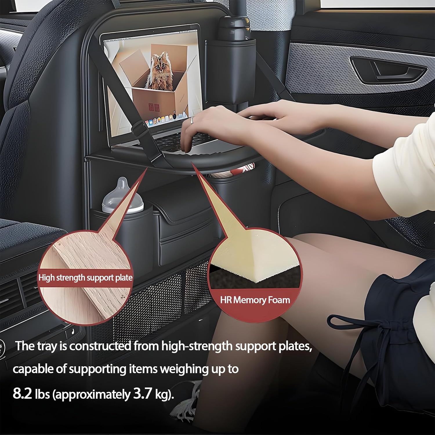 Black Leather Foldable Car Backseat Organizer with Table Tray