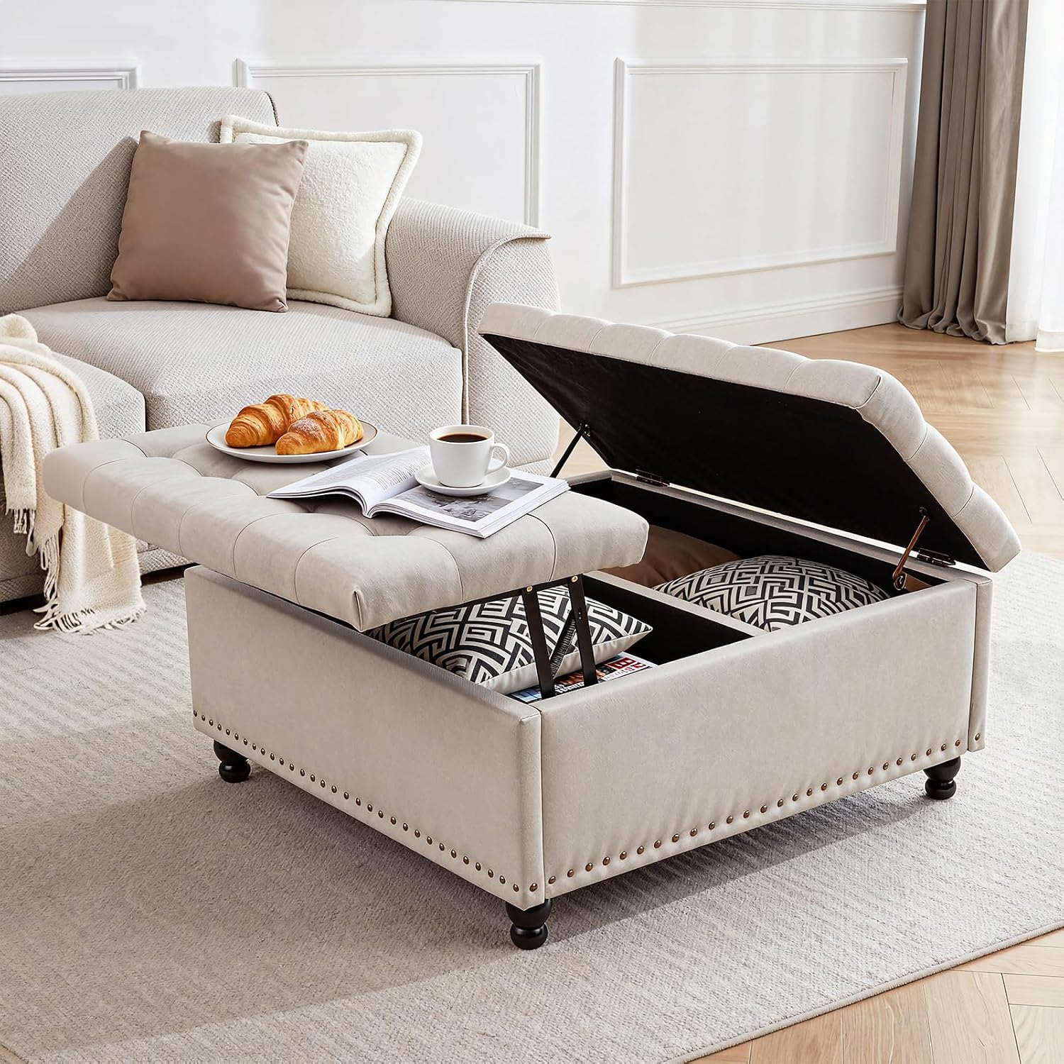 Beige Lift Top Square Storage Ottoman