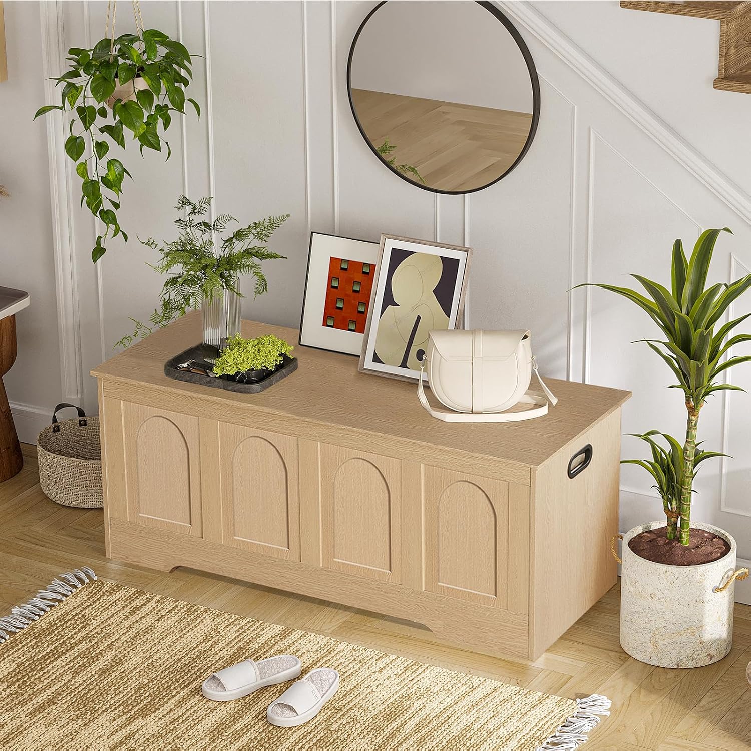 Natural Rattan-Like Safety Hinge Storage Chest Bench