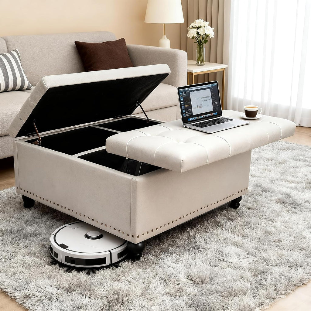 Beige Lift Top Square Storage Ottoman