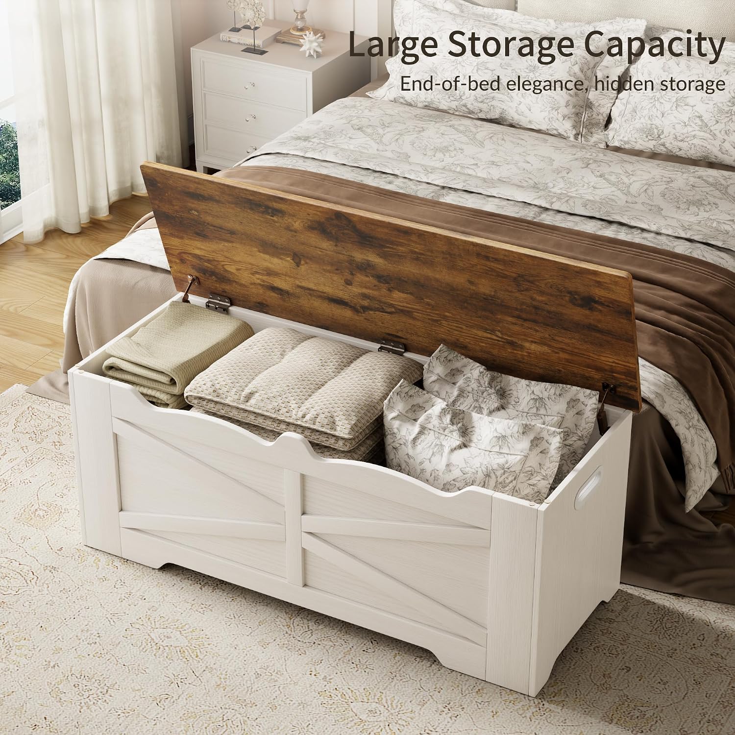 White Walnut Heavy Duty Safety Hinge Storage Bench